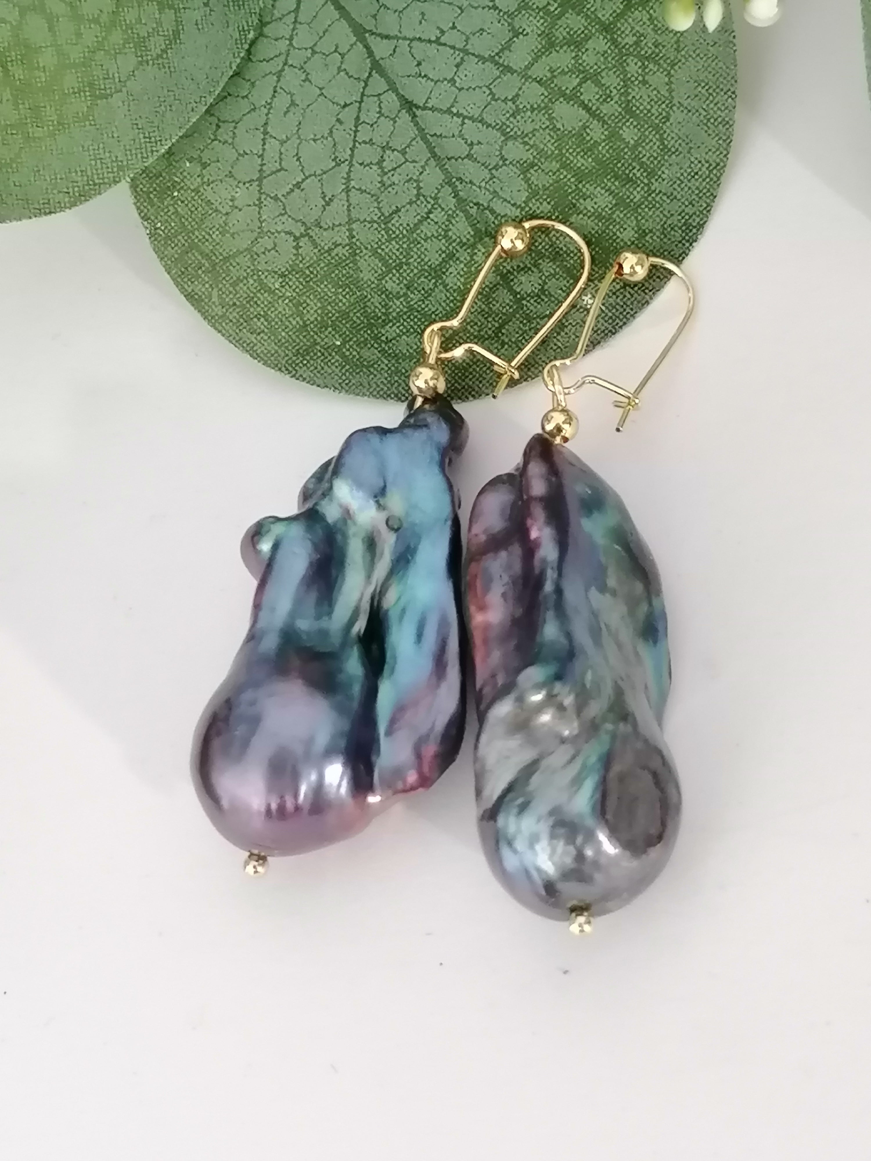 Cultured Freshwater Baroque Flameball Pearl Earrings | Peacock | Gold Plated