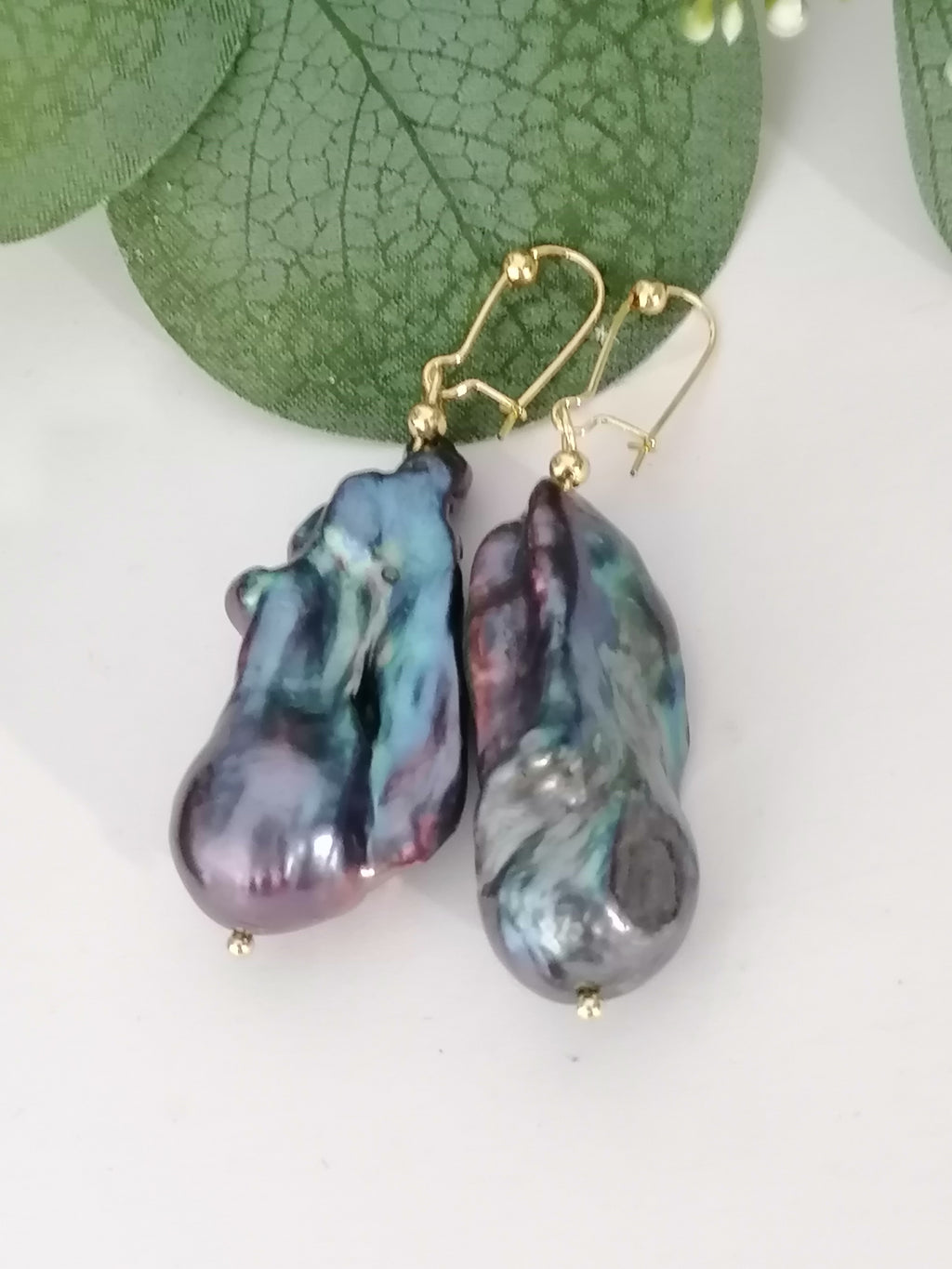 Cultured Freshwater Baroque Flameball Pearl Earrings | Peacock | Gold Plated