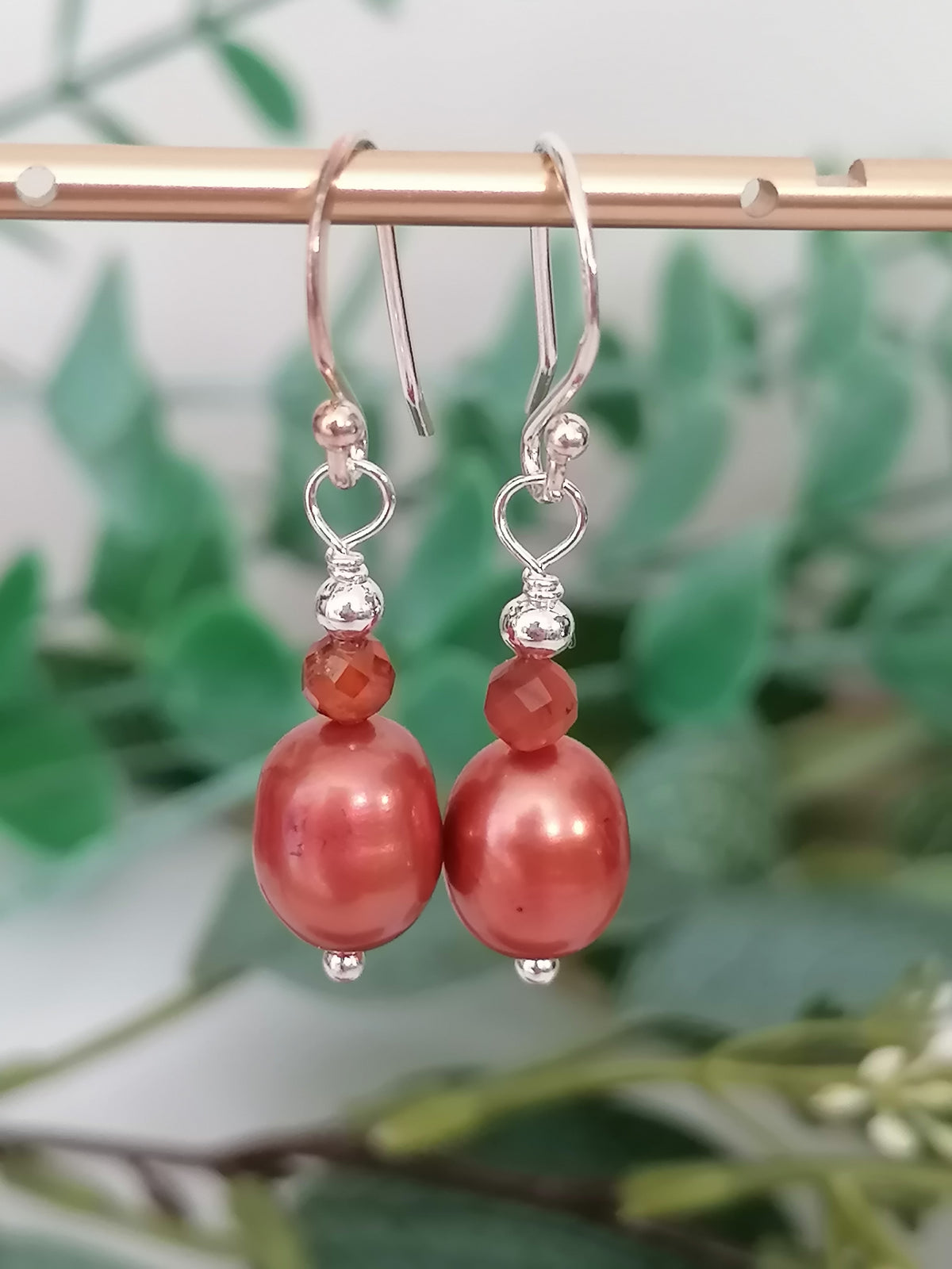 Copper Pearl & Carnelian Drop Earrings | 925 Sterling Silver