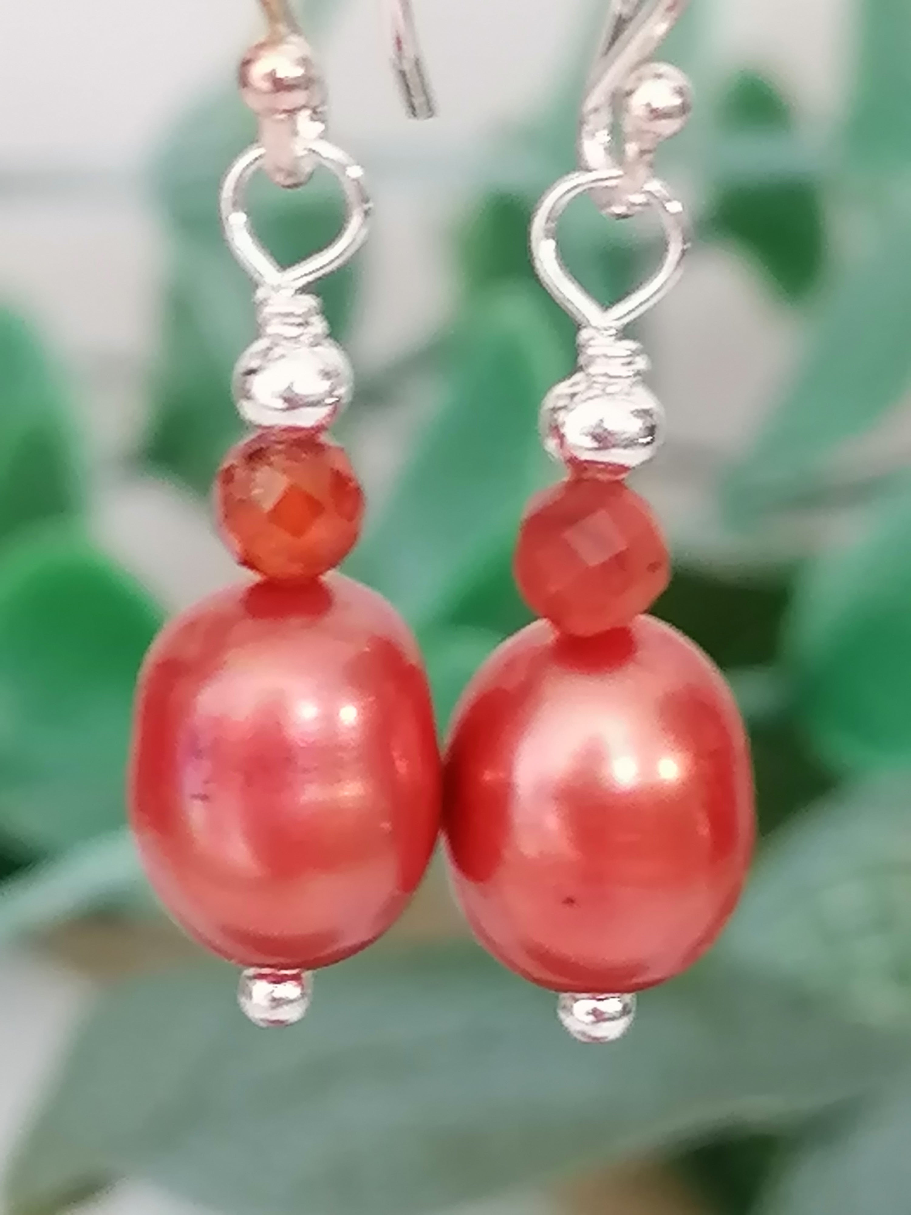 Copper Pearl & Carnelian Drop Earrings | 925 Sterling Silver