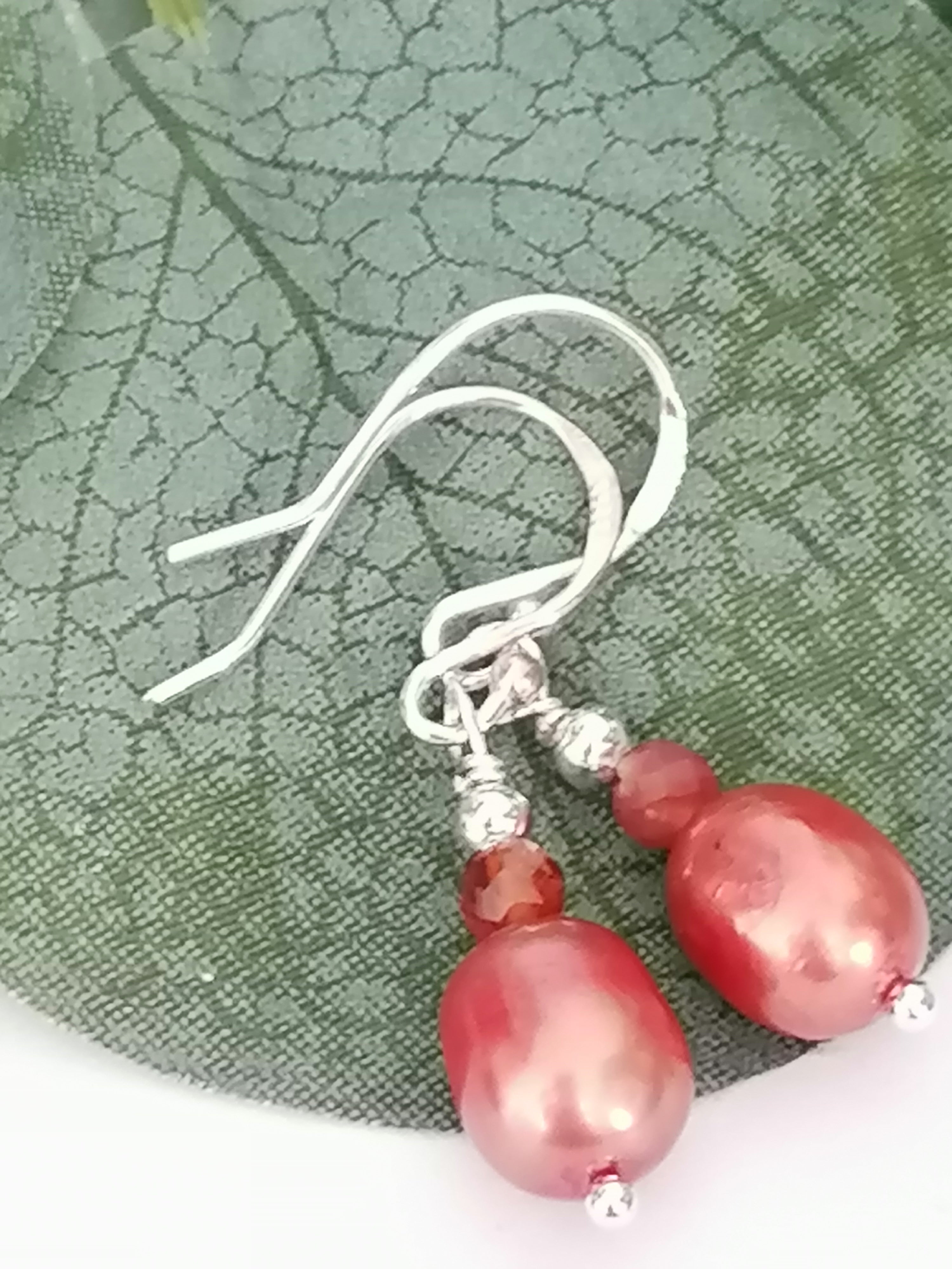 Copper Pearl & Carnelian Drop Earrings | 925 Sterling Silver