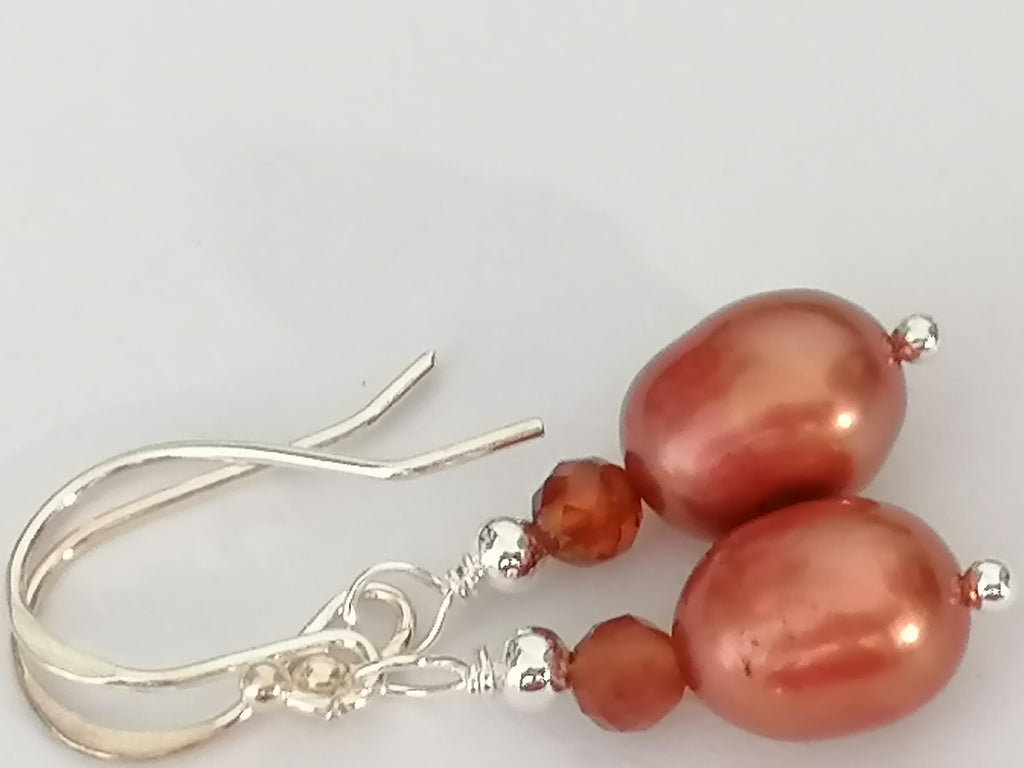 Copper Pearl & Carnelian Drop Earrings | 925 Sterling Silver