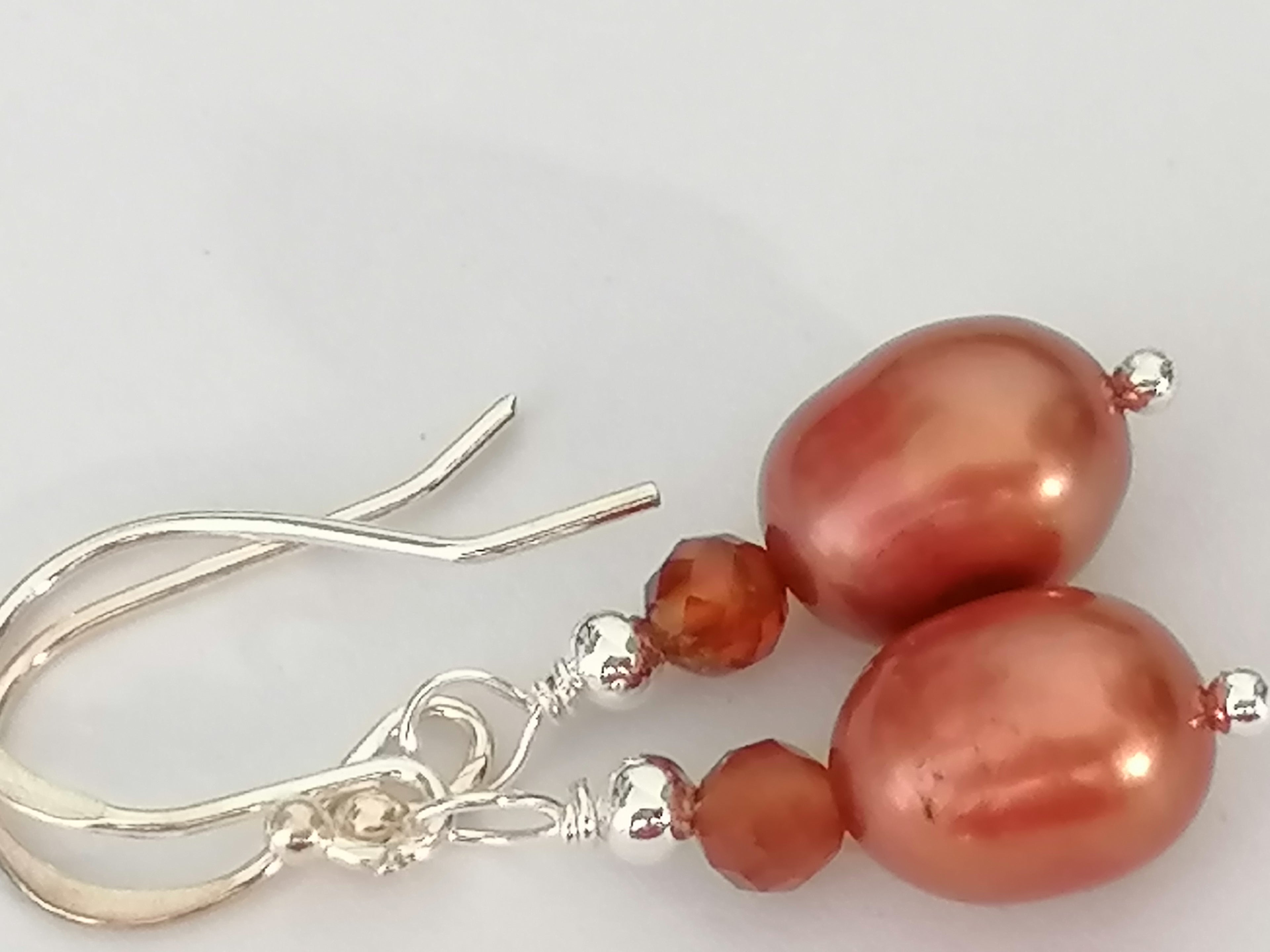 Copper Pearl & Carnelian Drop Earrings | 925 Sterling Silver