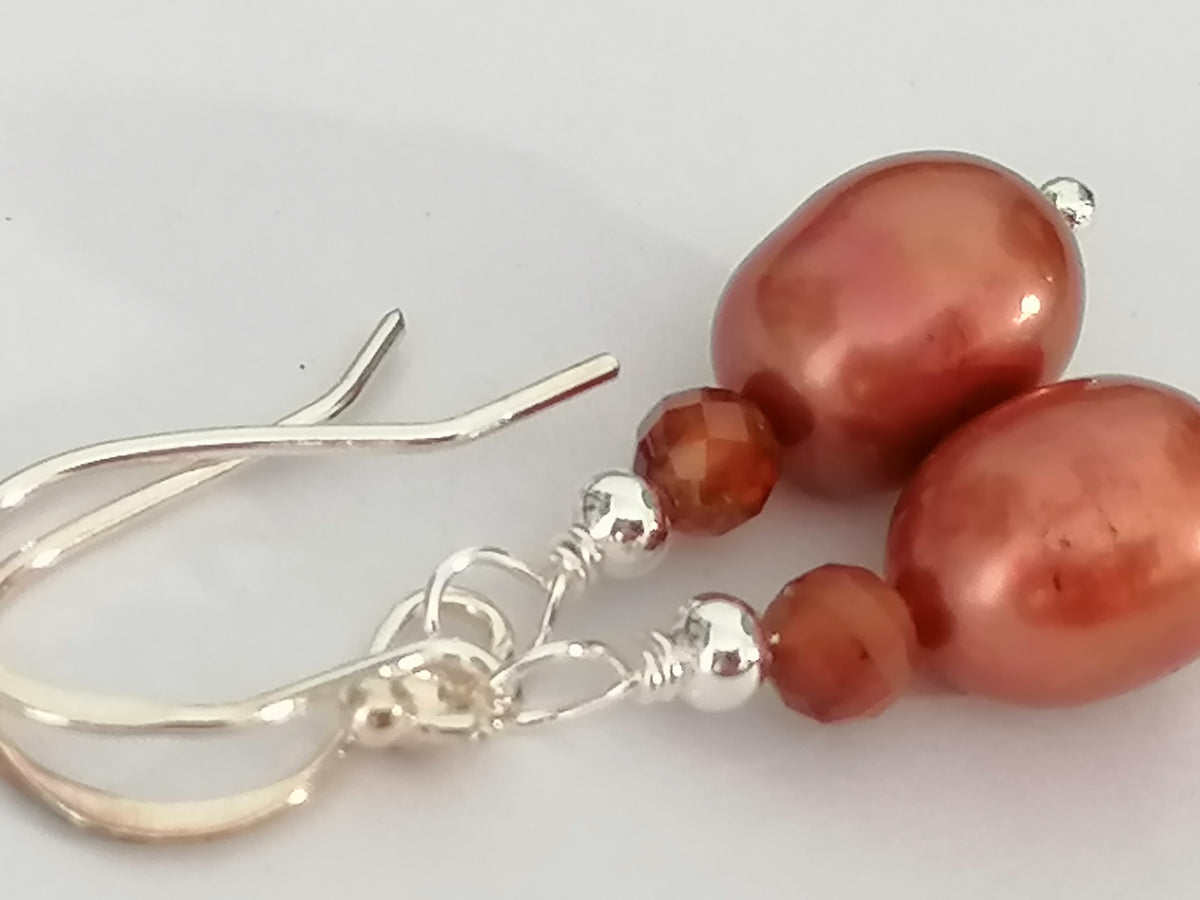 Copper Pearl & Carnelian Drop Earrings | 925 Sterling Silver