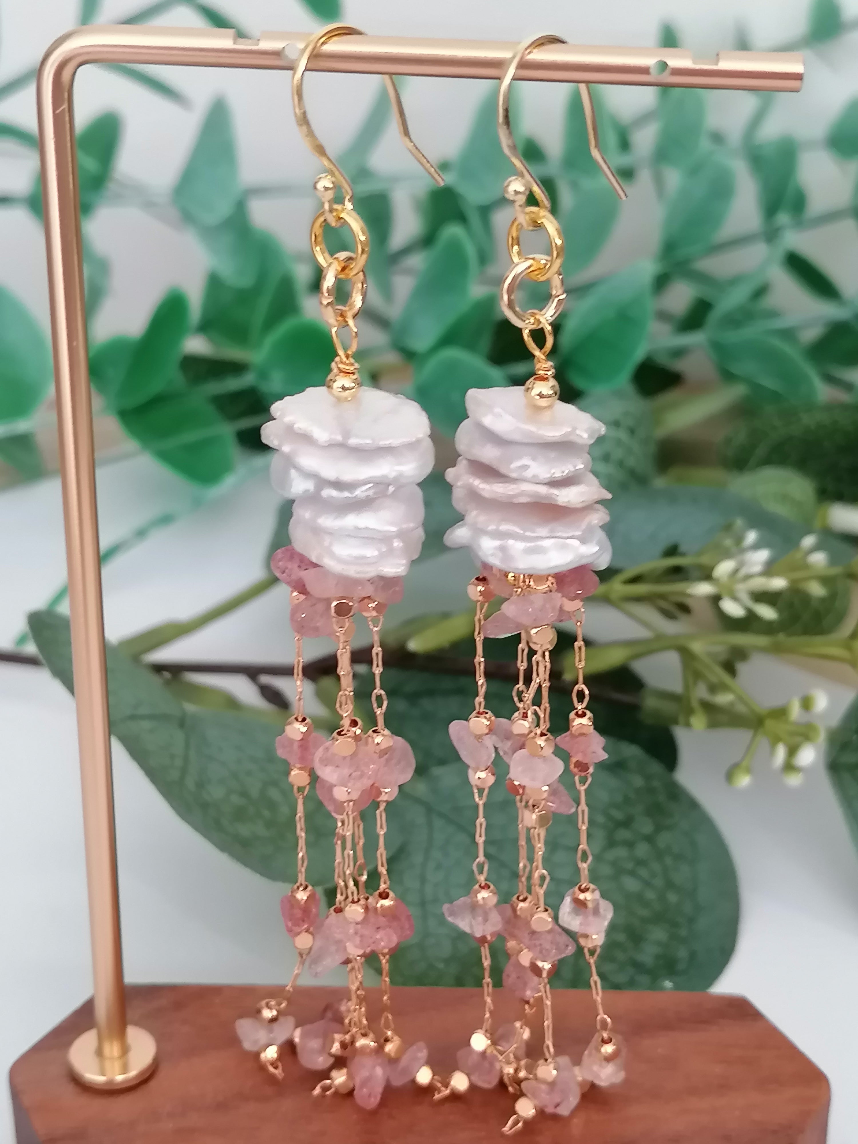 Stacked Keshi Cornflake Pearl & Strawberry Quartz Earrings | 24ct Gold Vermeil