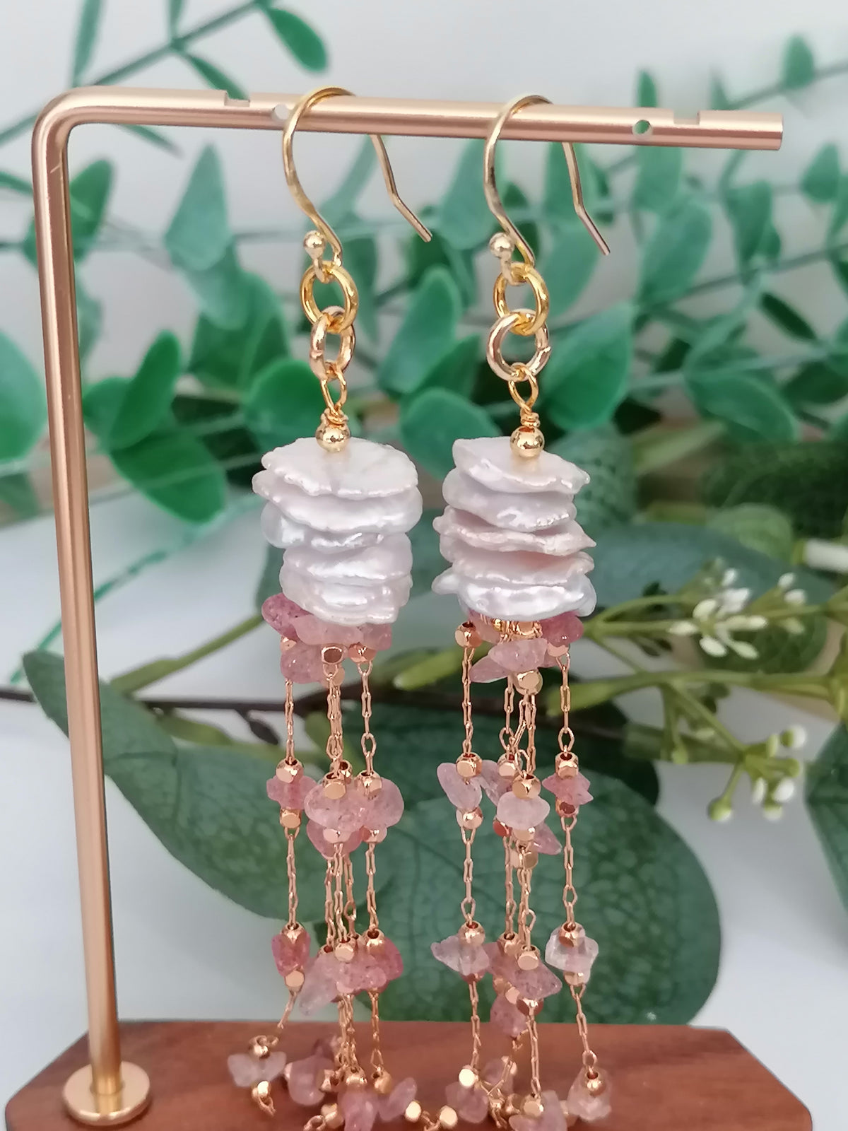 Stacked Keshi Cornflake Pearl & Strawberry Quartz Earrings | 24ct Gold Vermeil