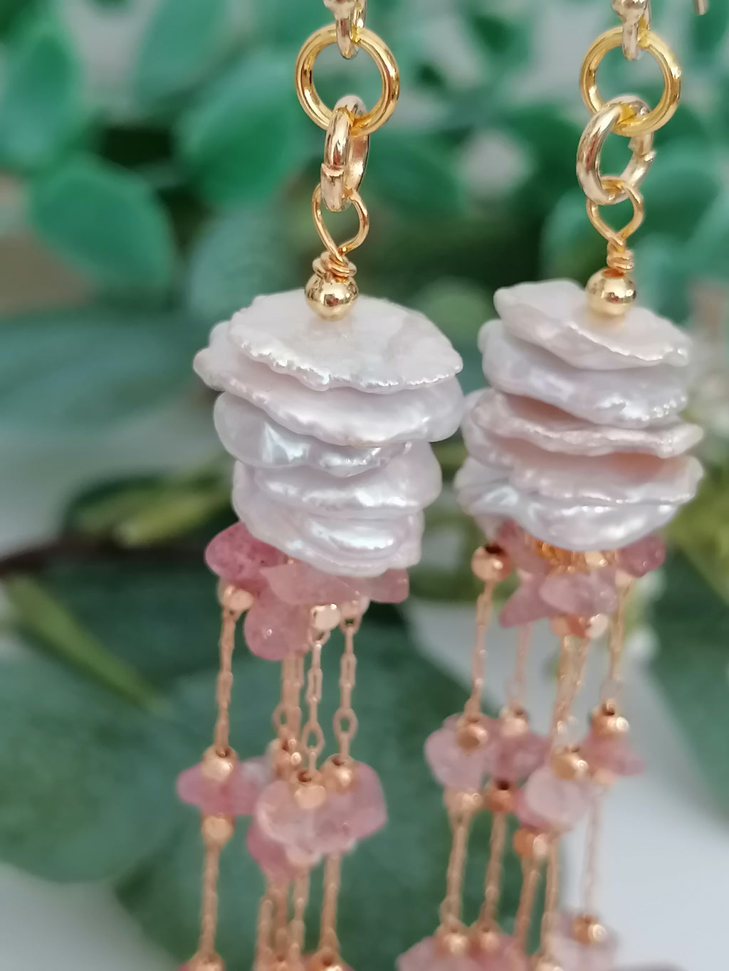 Stacked Keshi Cornflake Pearl & Strawberry Quartz Earrings | 24ct Gold Vermeil