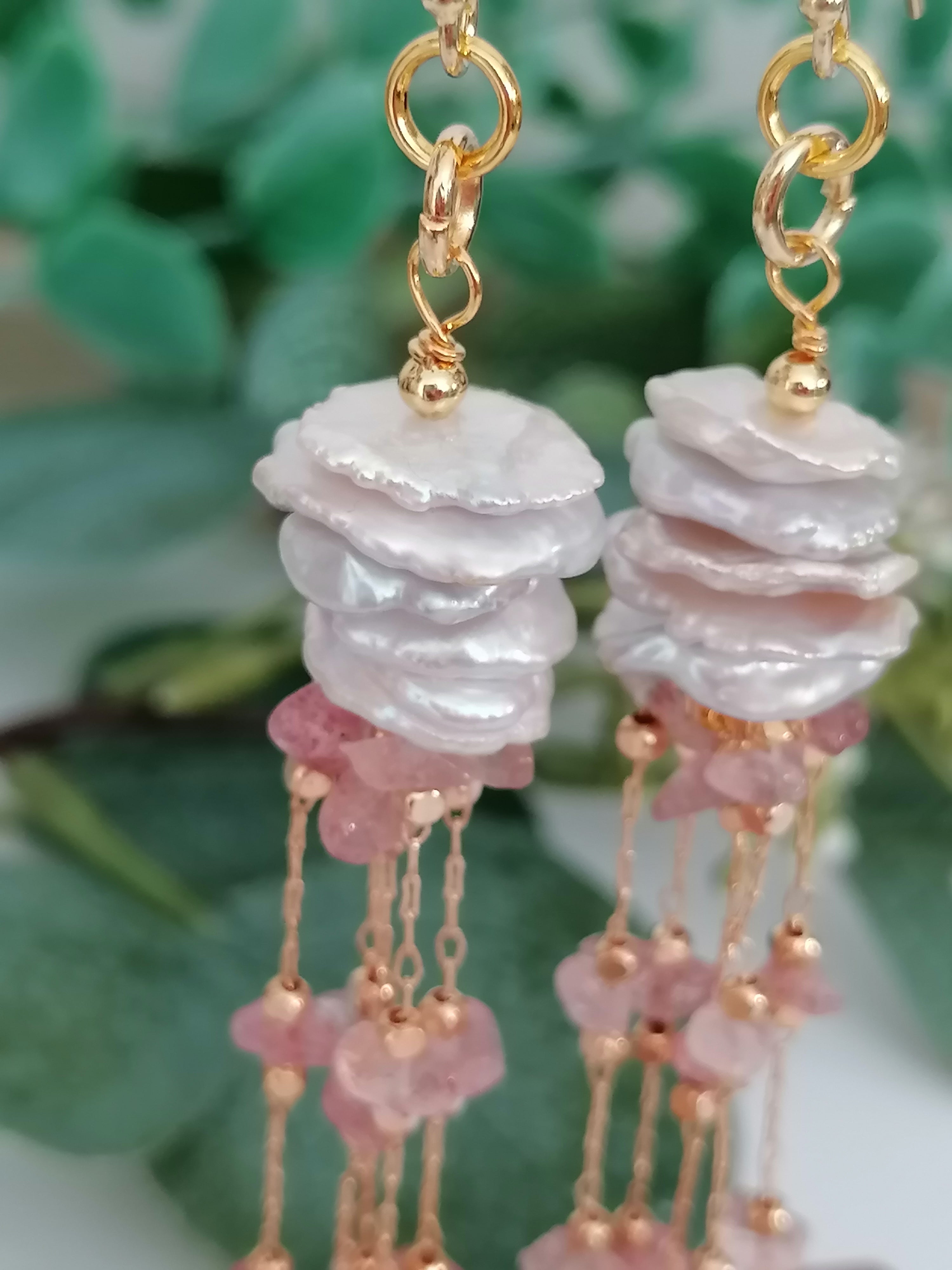 Stacked Keshi Cornflake Pearl & Strawberry Quartz Earrings | 24ct Gold Vermeil