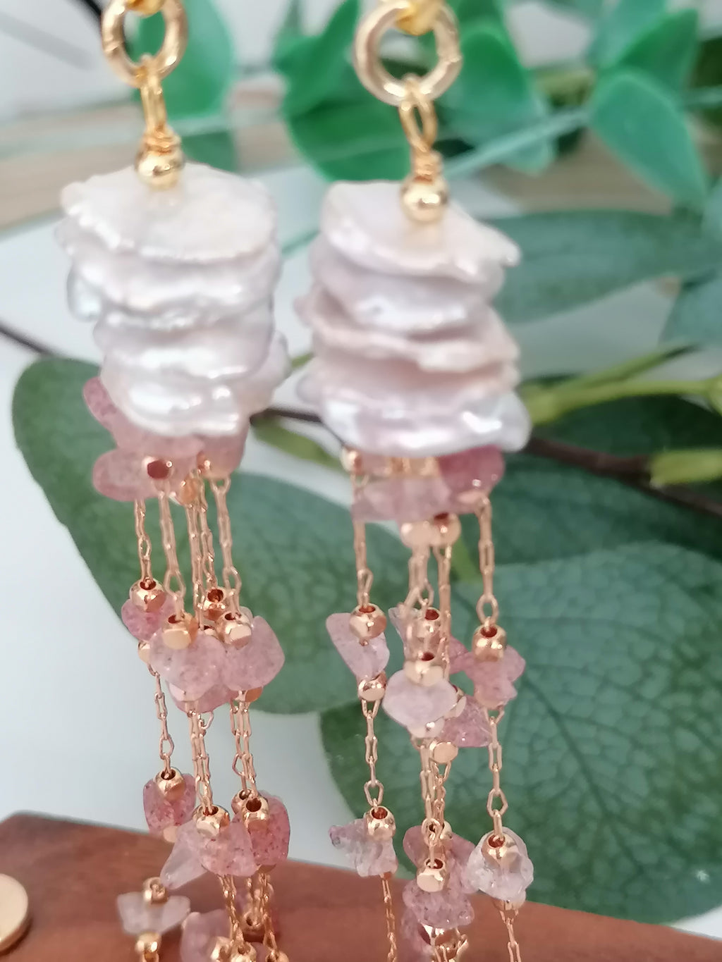 Stacked Keshi Cornflake Pearl & Strawberry Quartz Earrings | 24ct Gold Vermeil