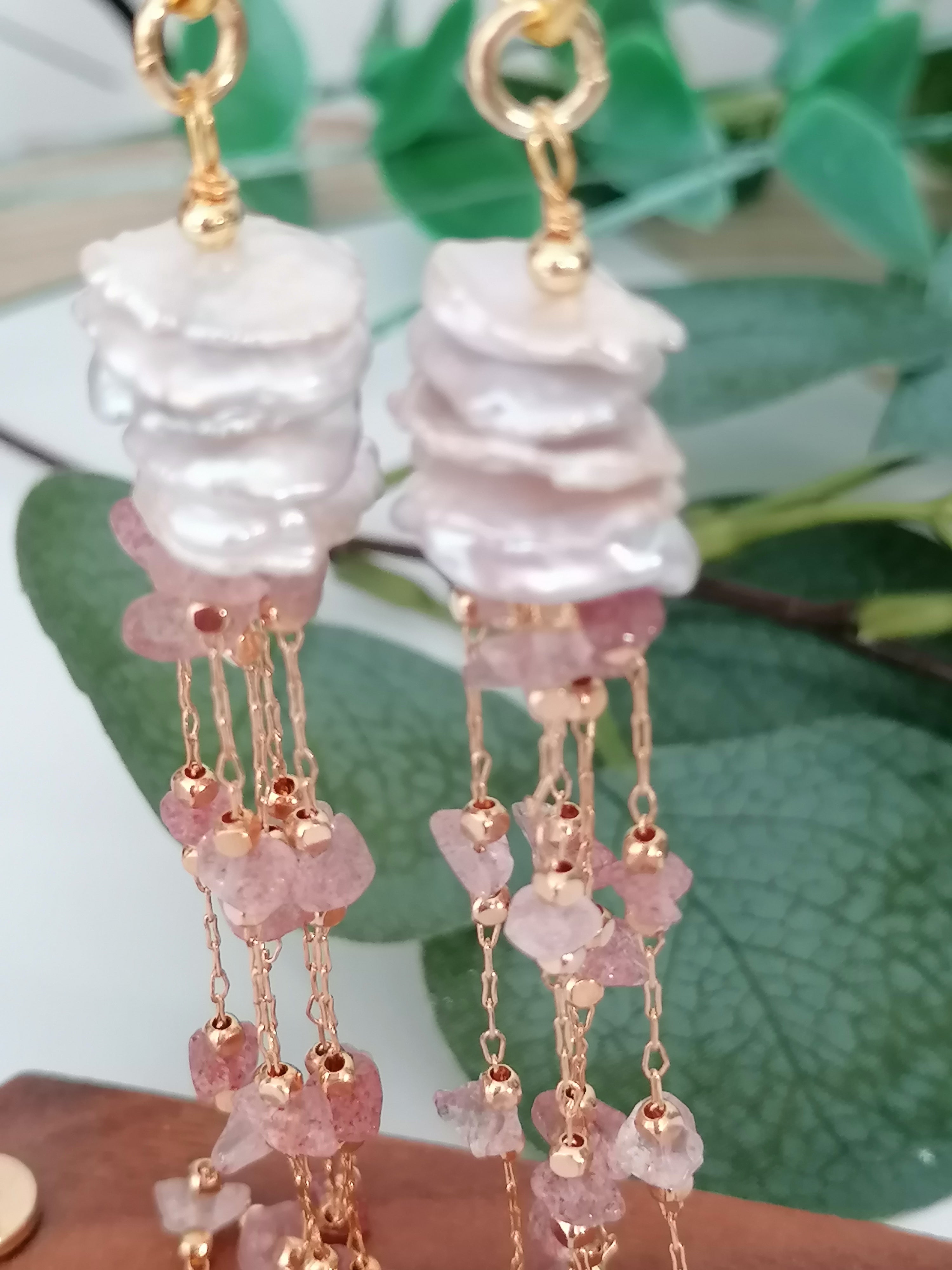 Stacked Keshi Cornflake Pearl & Strawberry Quartz Earrings | 24ct Gold Vermeil