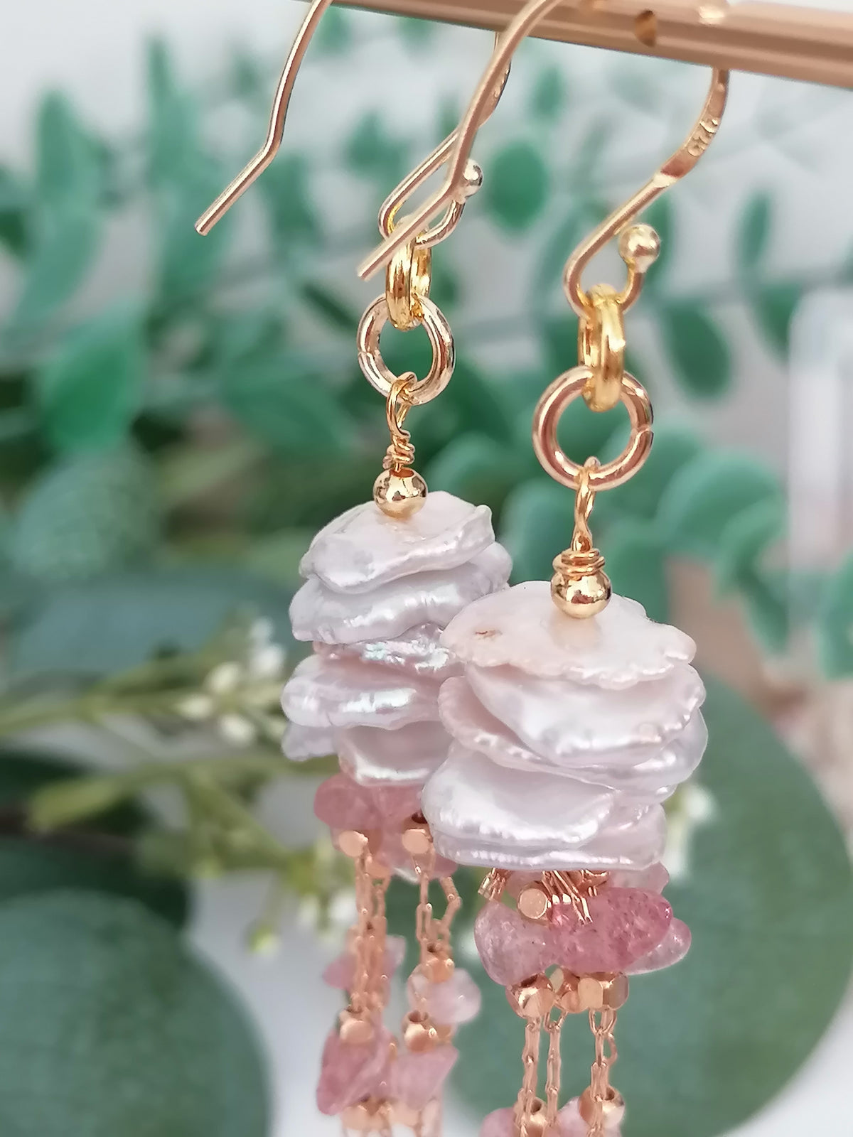 Stacked Keshi Cornflake Pearl & Strawberry Quartz Earrings | 24ct Gold Vermeil