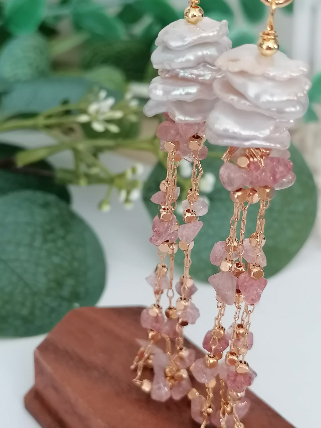 Stacked Keshi Cornflake Pearl & Strawberry Quartz Earrings | 24ct Gold Vermeil