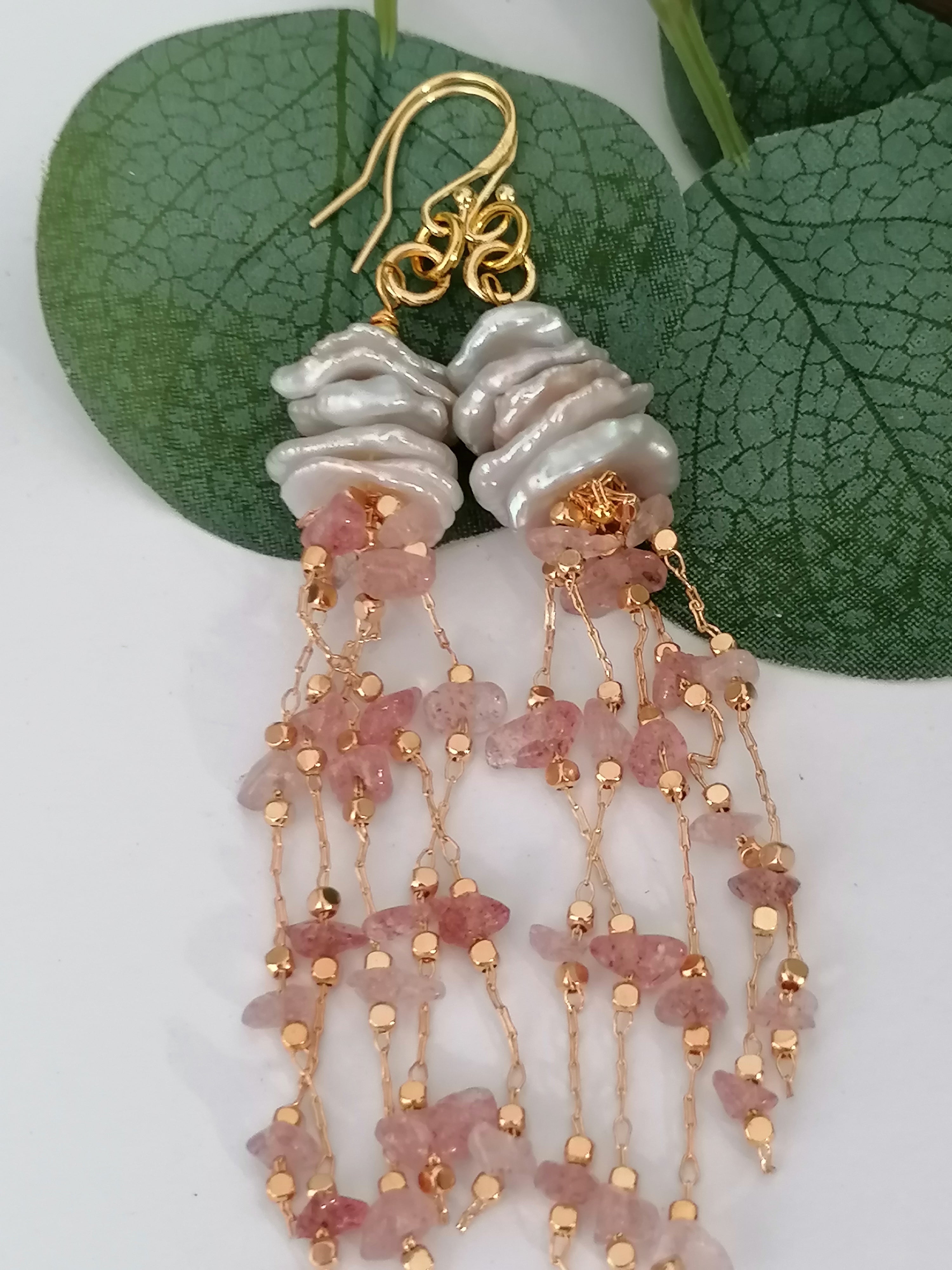 Stacked Keshi Cornflake Pearl & Strawberry Quartz Earrings | 24ct Gold Vermeil