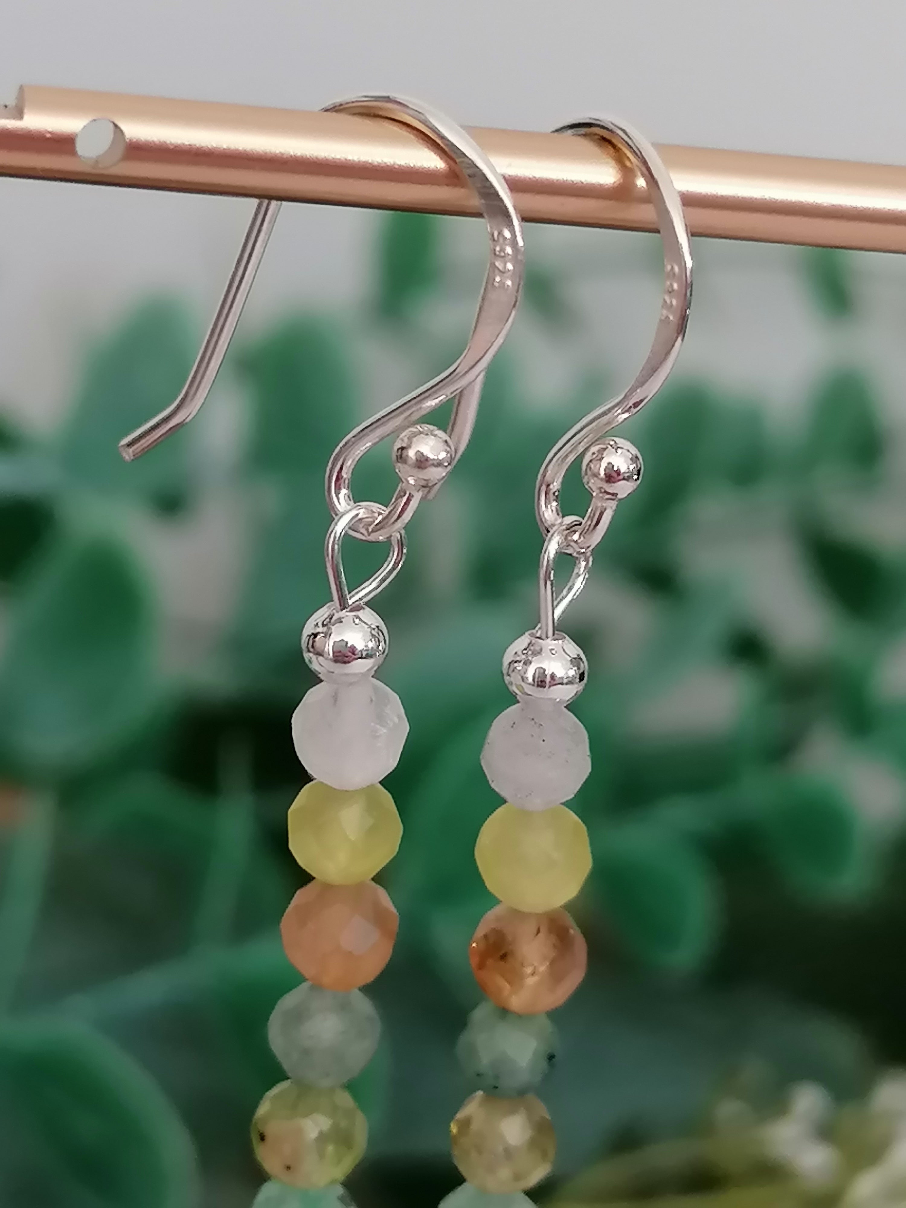 Stacked Green semi-precious Gemstone Drop Earrings | 925 Sterling Silver