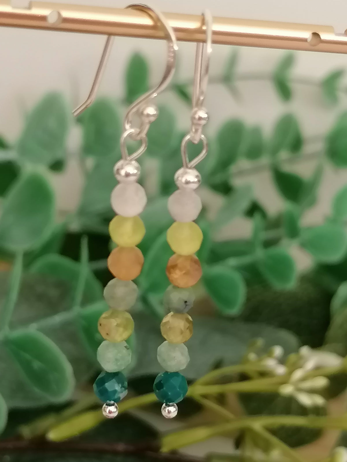 Stacked Green semi-precious Gemstone Drop Earrings | 925 Sterling Silver