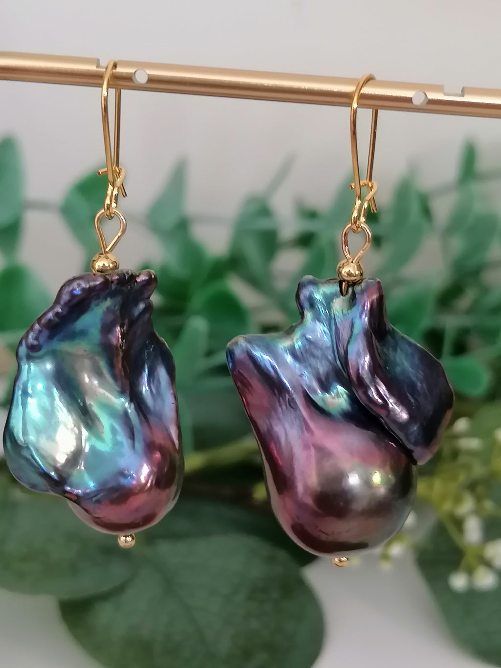 Peacock Baroque Flameball Pearl Drop Earrings | Gold Plated