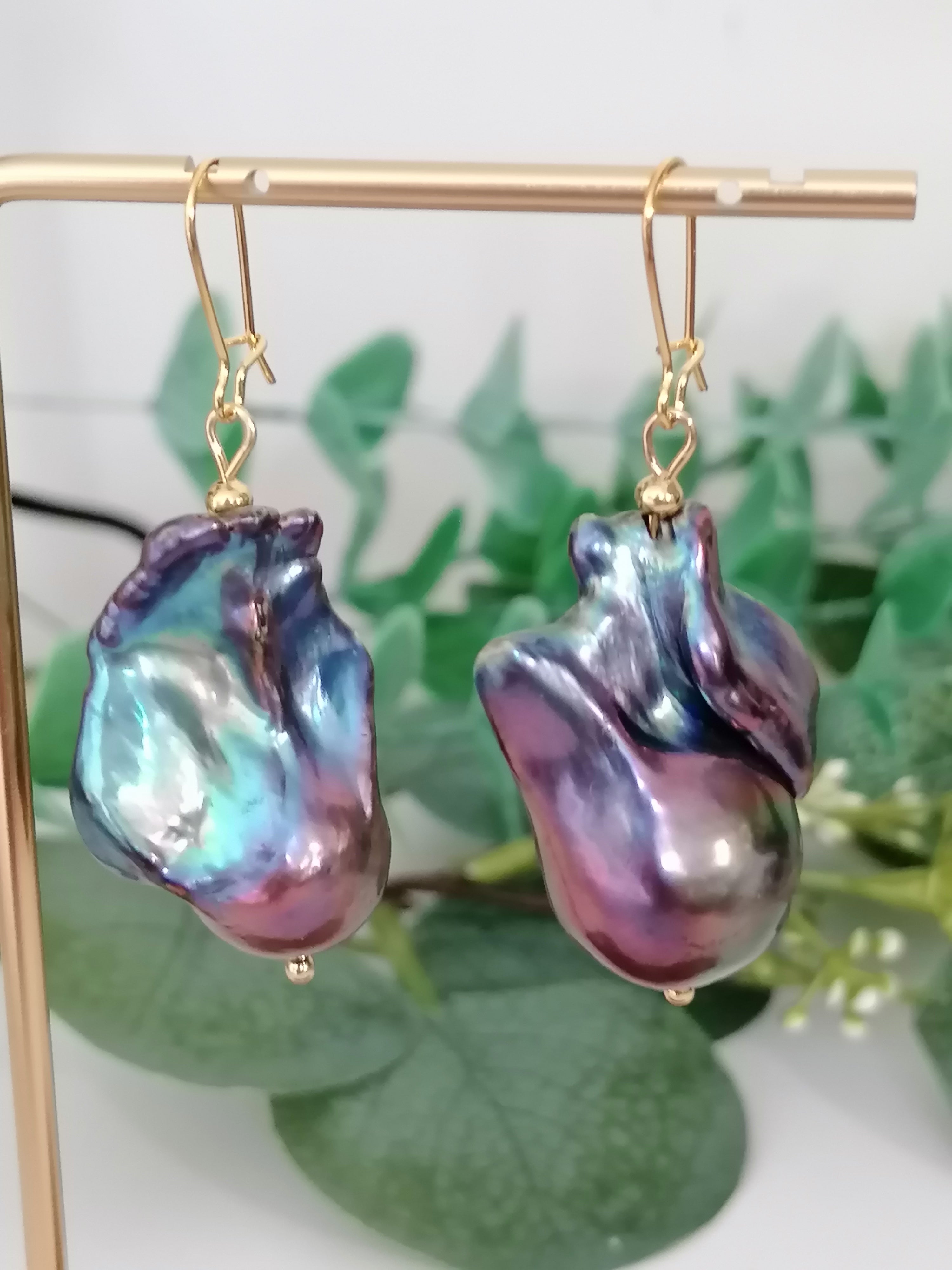 Peacock Baroque Flameball Pearl Drop Earrings | Gold Plated