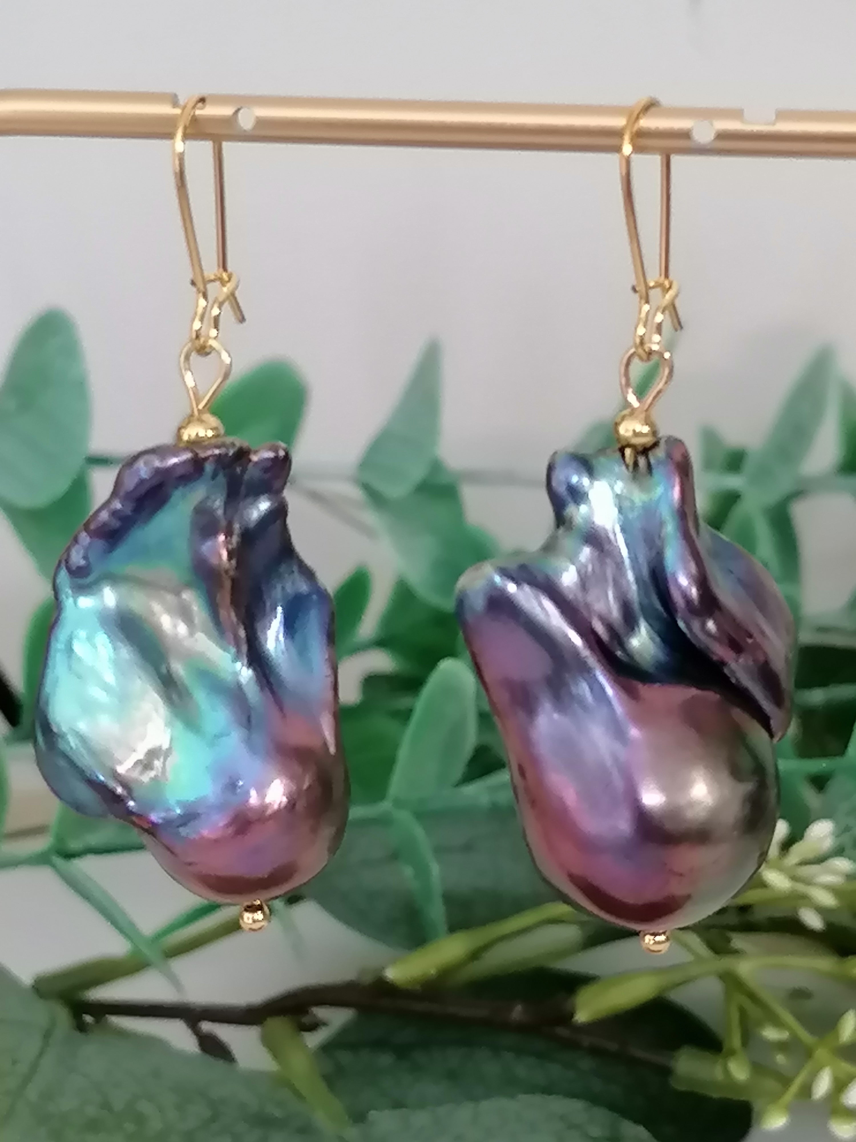 Peacock Baroque Flameball Pearl Drop Earrings | Gold Plated