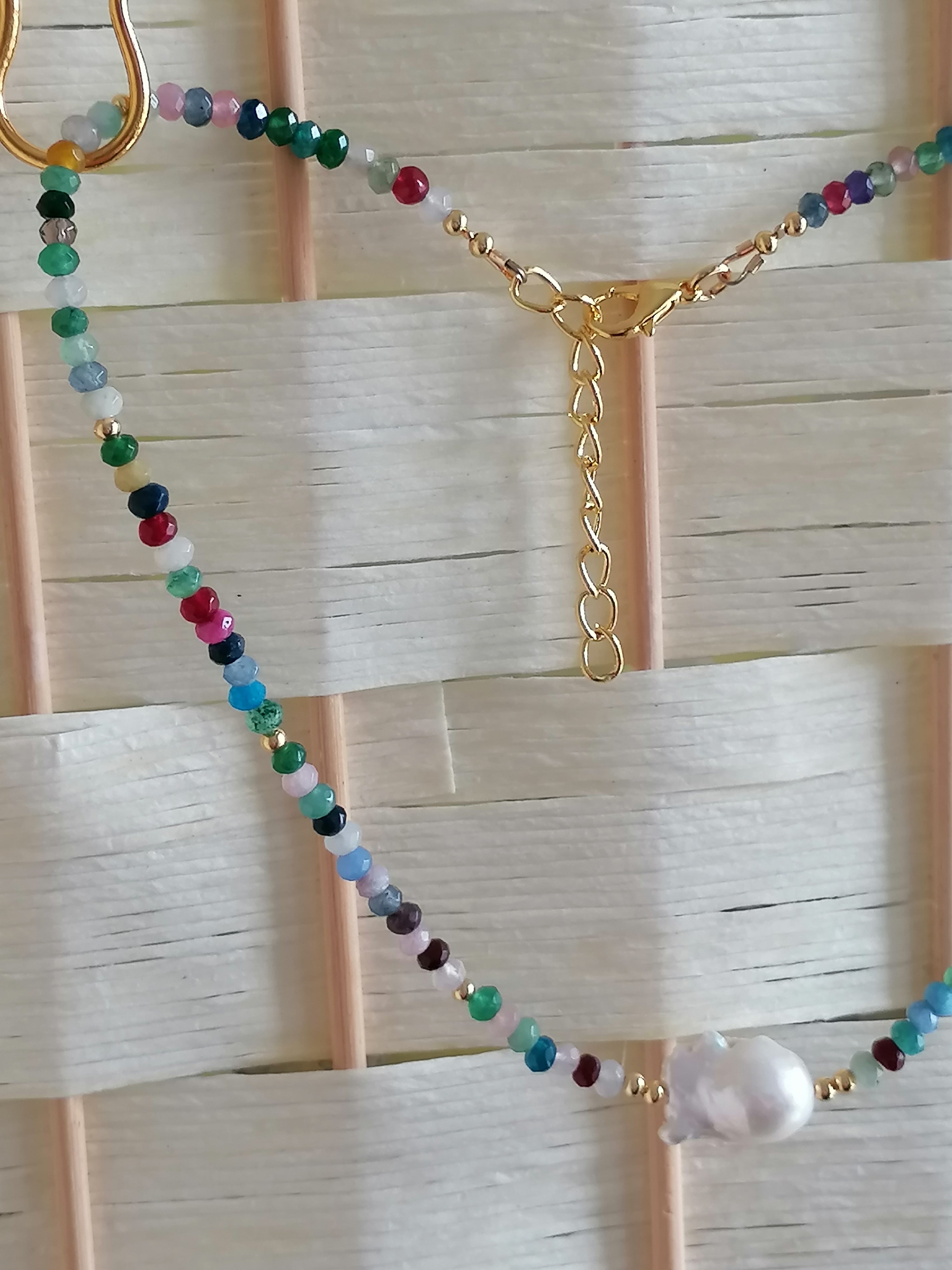 Multicolour Quartz Rondelle & Baroque Pearl Necklace | Gold Plated