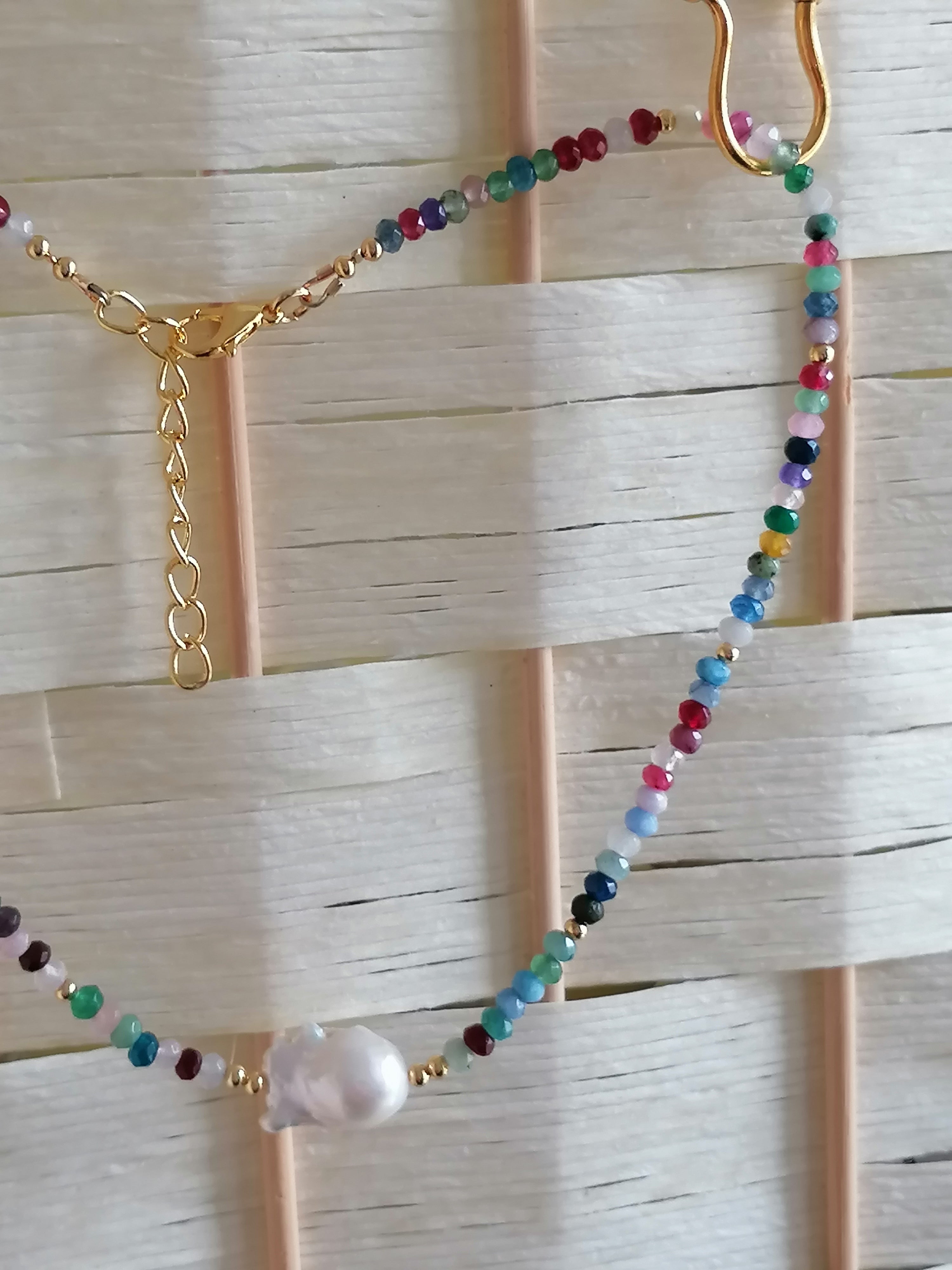Multicolour Quartz Rondelle & Baroque Pearl Necklace | Gold Plated