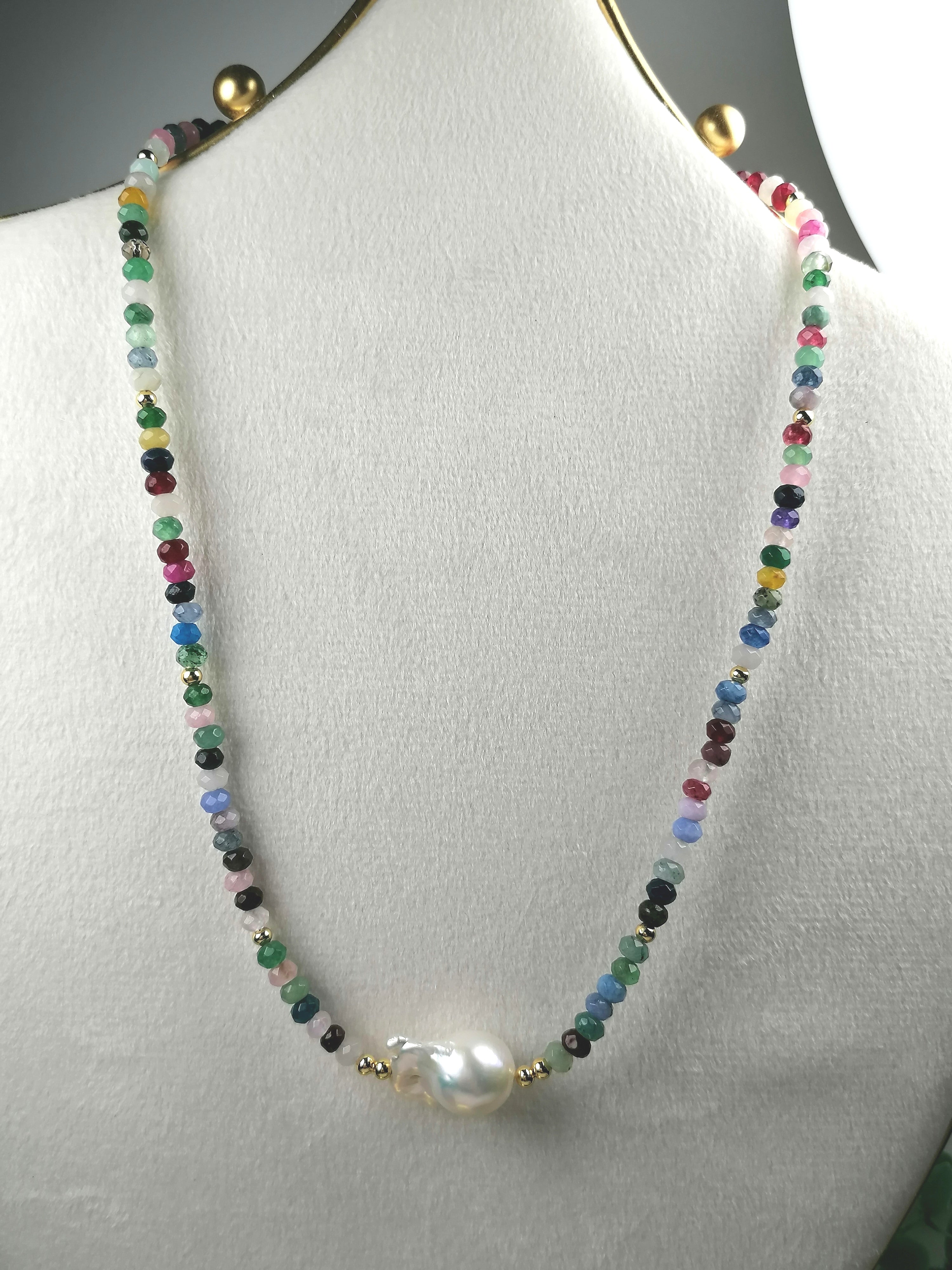 Multicolour Quartz Rondelle & Baroque Pearl Necklace | Gold Plated