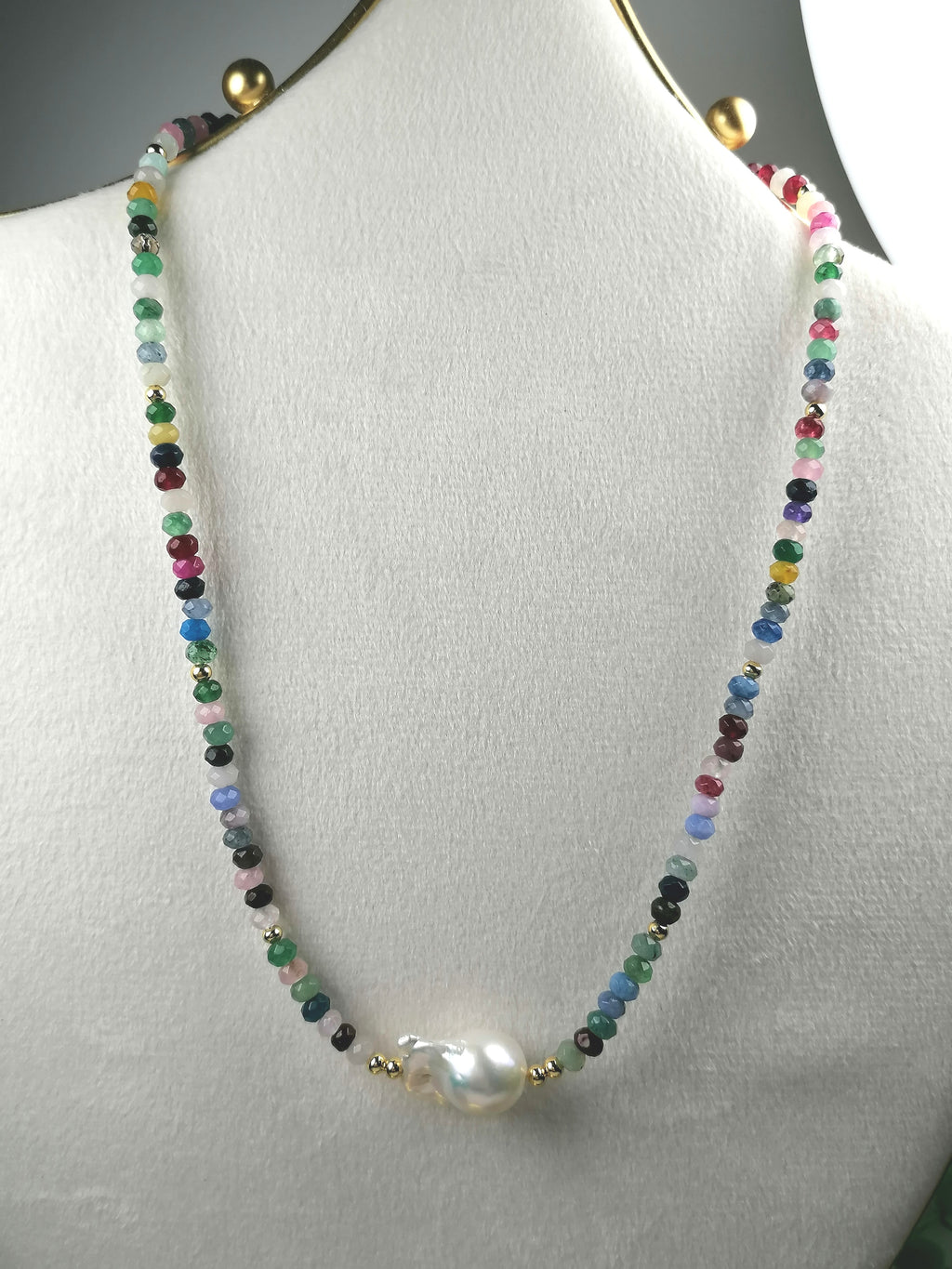 Multicolour Quartz Rondelle & Baroque Pearl Necklace | Gold Plated