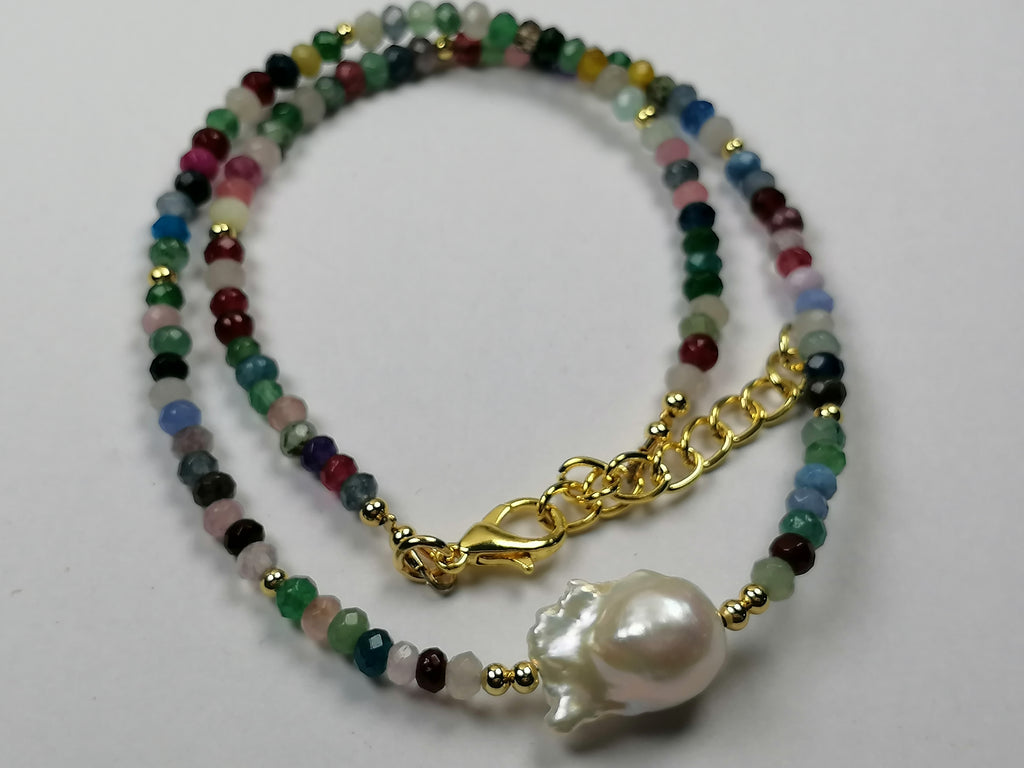 Multicolour Quartz Rondelle & Baroque Pearl Necklace | Gold Plated