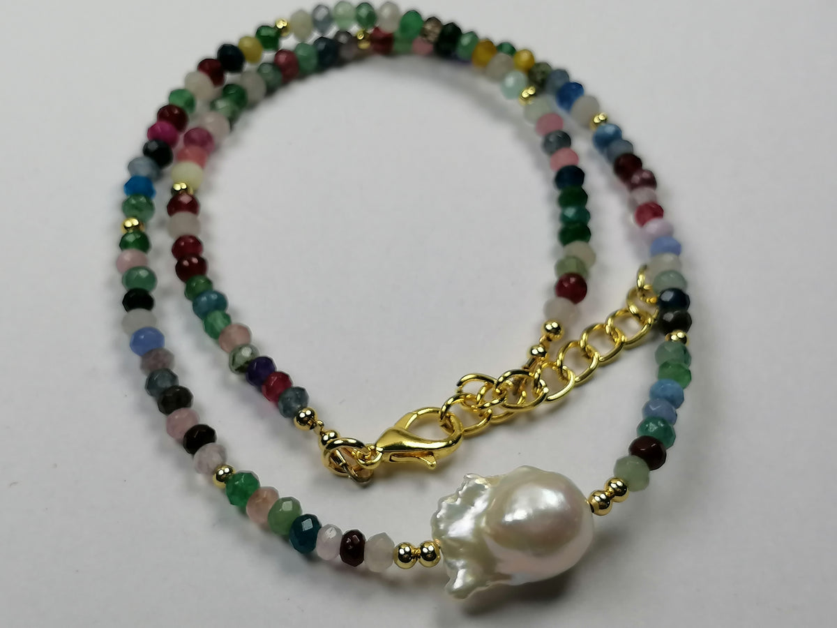 Multicolour Quartz Rondelle & Baroque Pearl Necklace | Gold Plated