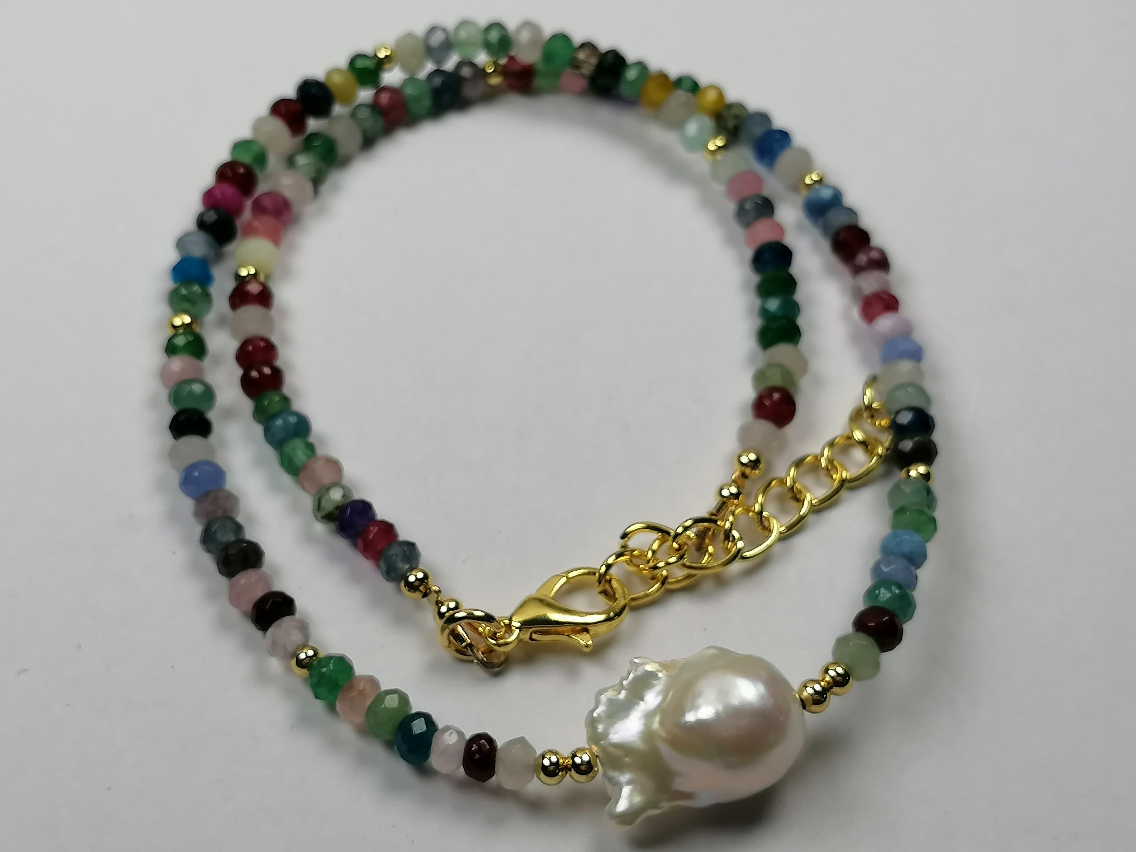 Multicolour Quartz Rondelle & Baroque Pearl Necklace | Gold Plated