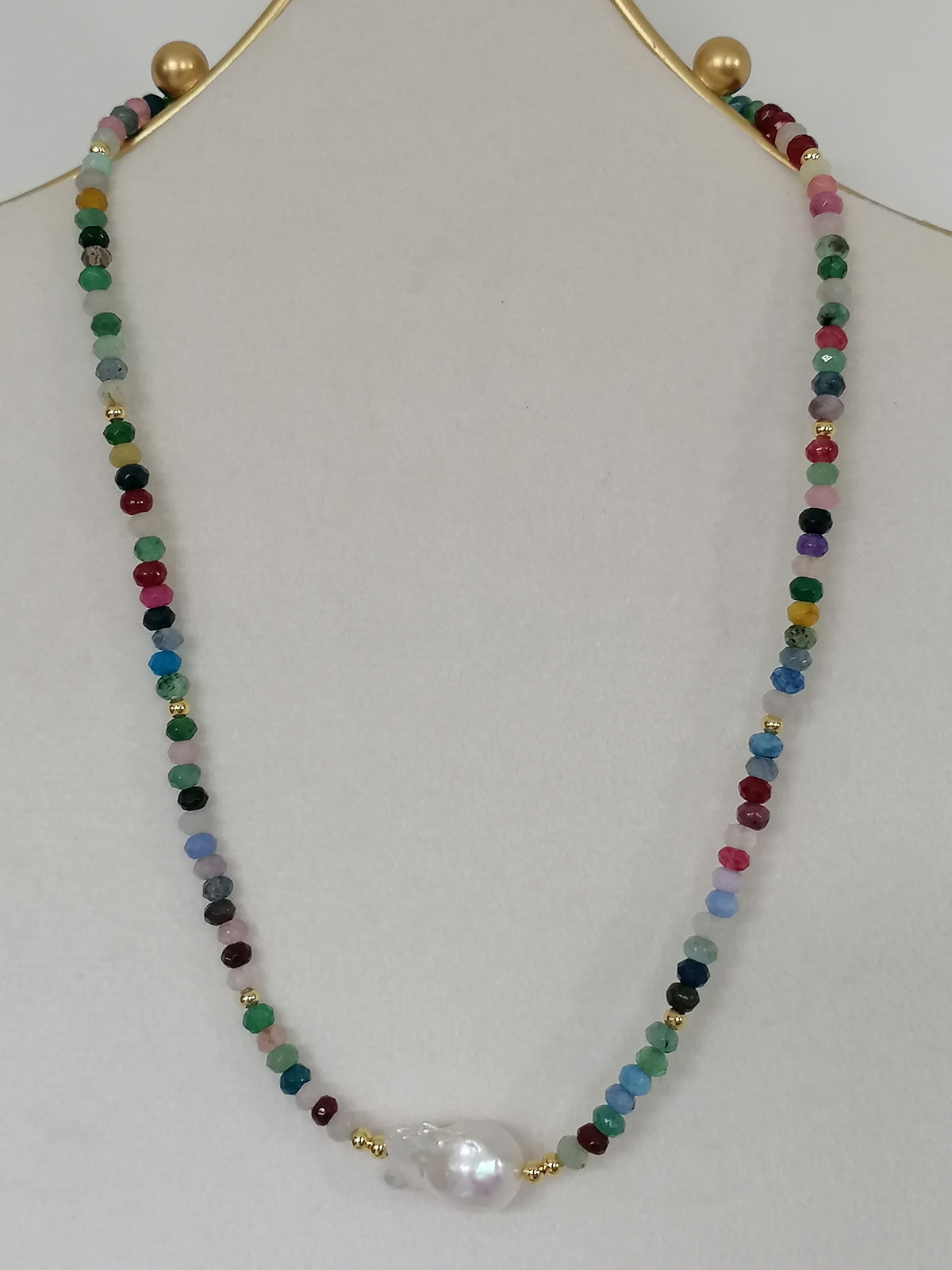 Multicolour Quartz Rondelle & Baroque Pearl Necklace | Gold Plated