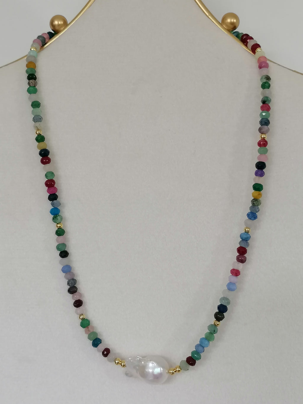 Multicolour Quartz Rondelle & Baroque Pearl Necklace | Gold Plated