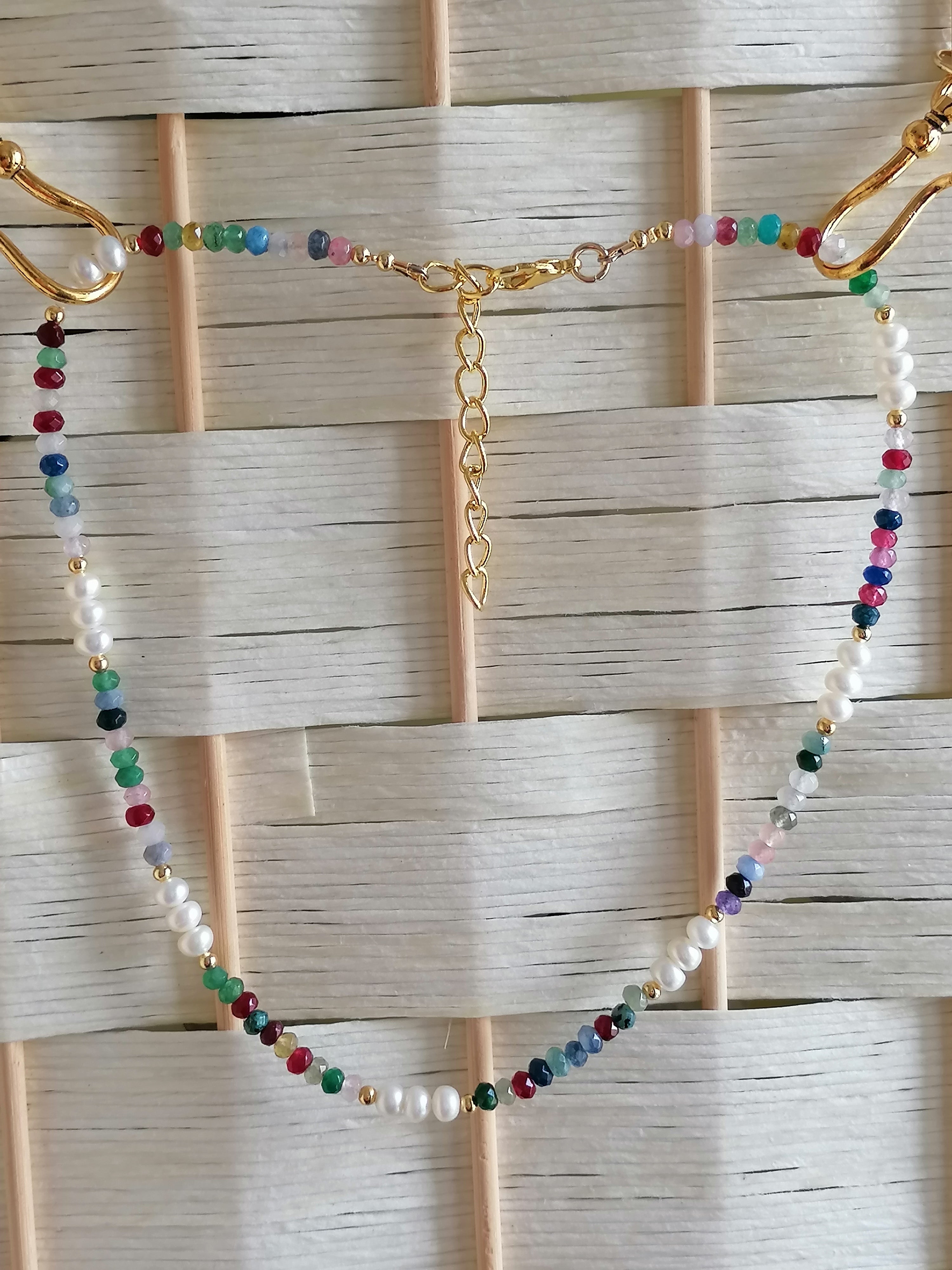 Cultured Freshwater Pearl & Coloured Quartz Necklace | Gold Plated