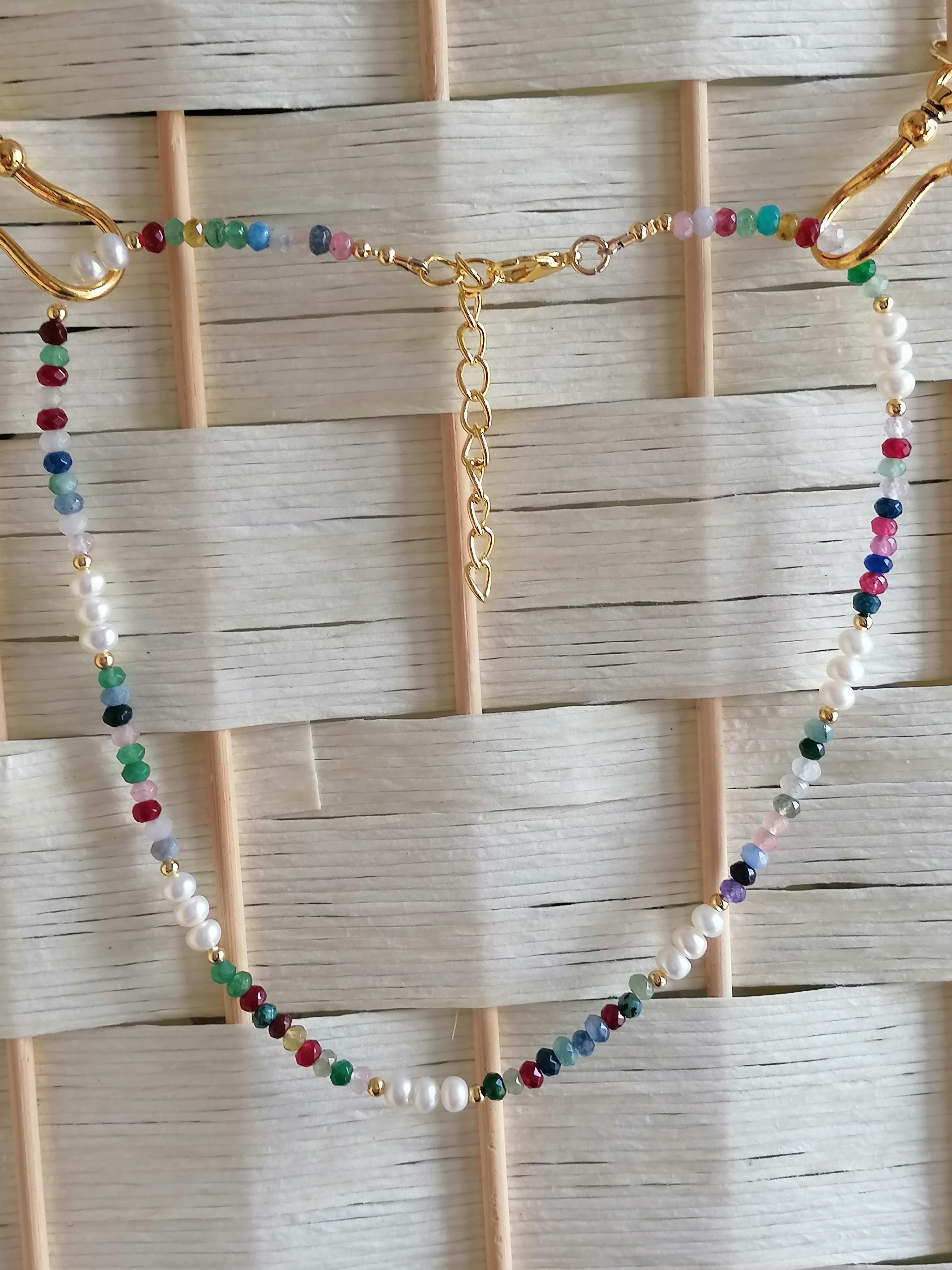 Cultured Freshwater Pearl & Coloured Quartz Necklace | Gold Plated