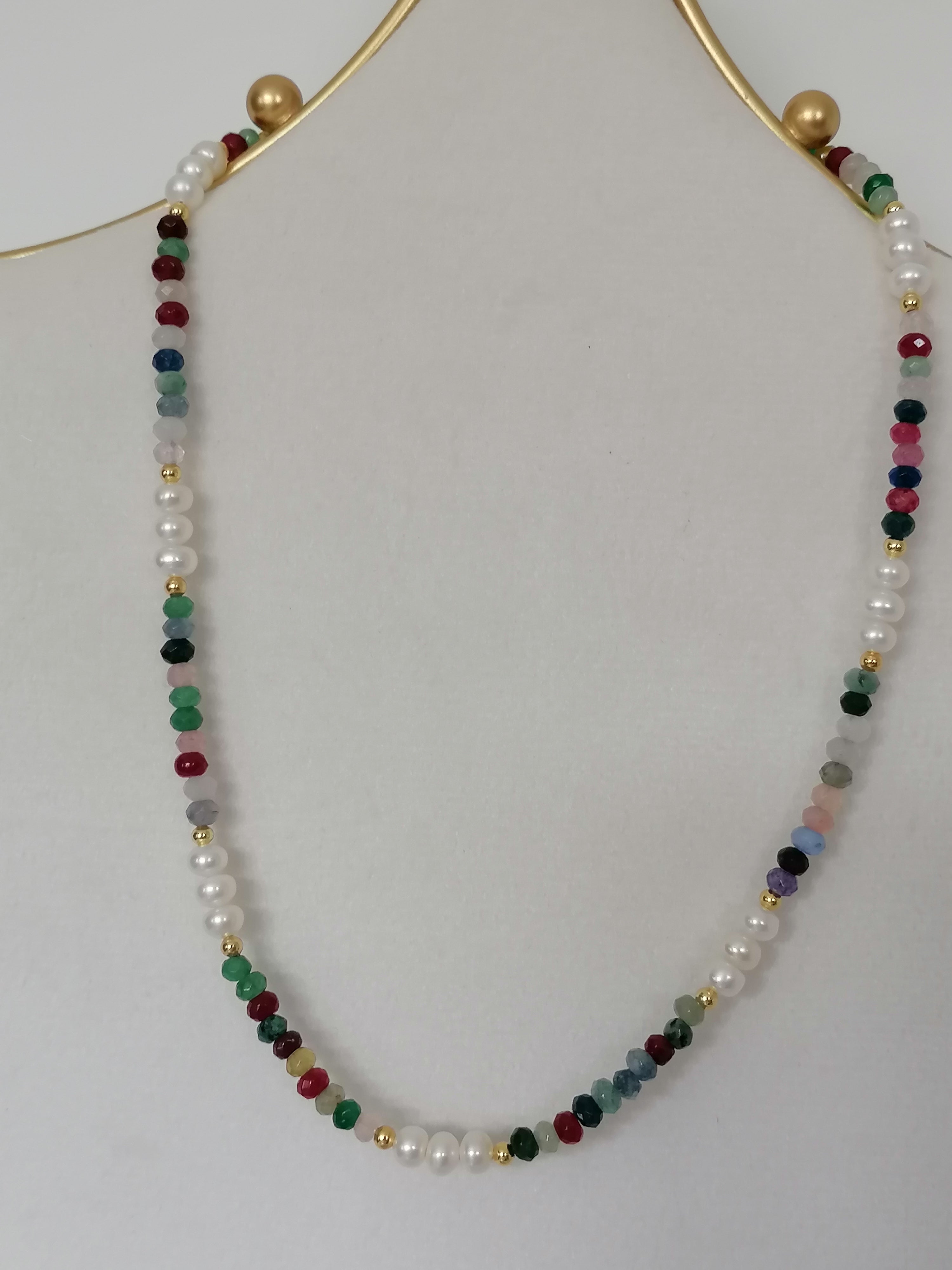 Cultured Freshwater Pearl & Coloured Quartz Necklace | Gold Plated