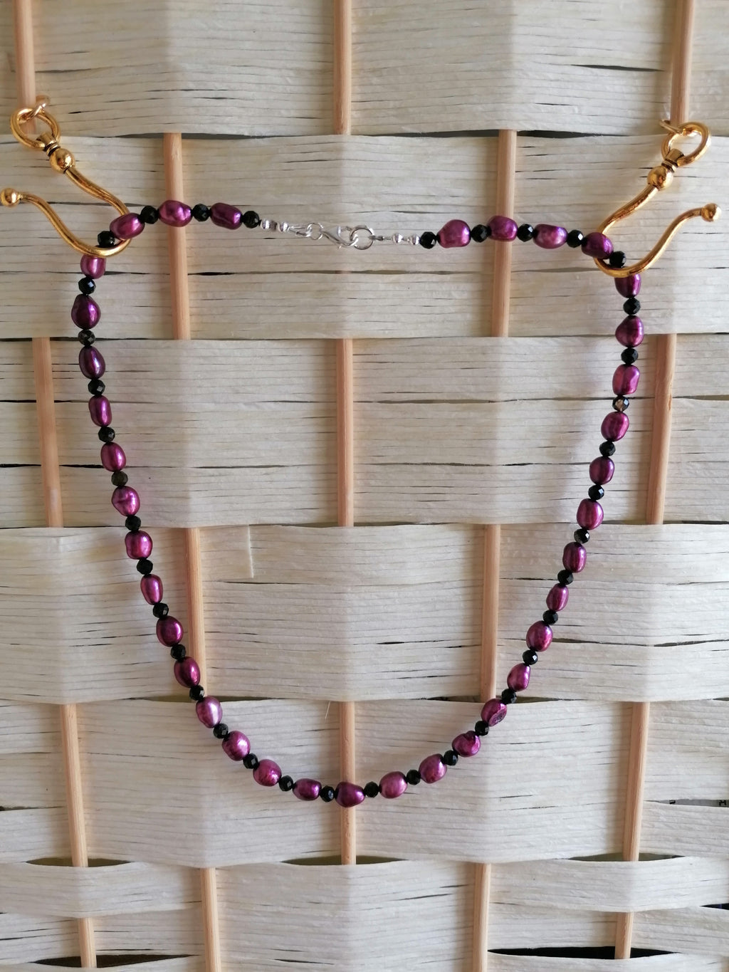 Plum Baroque Pearl & Black Tourmaline Necklace | 925 Sterling Silver