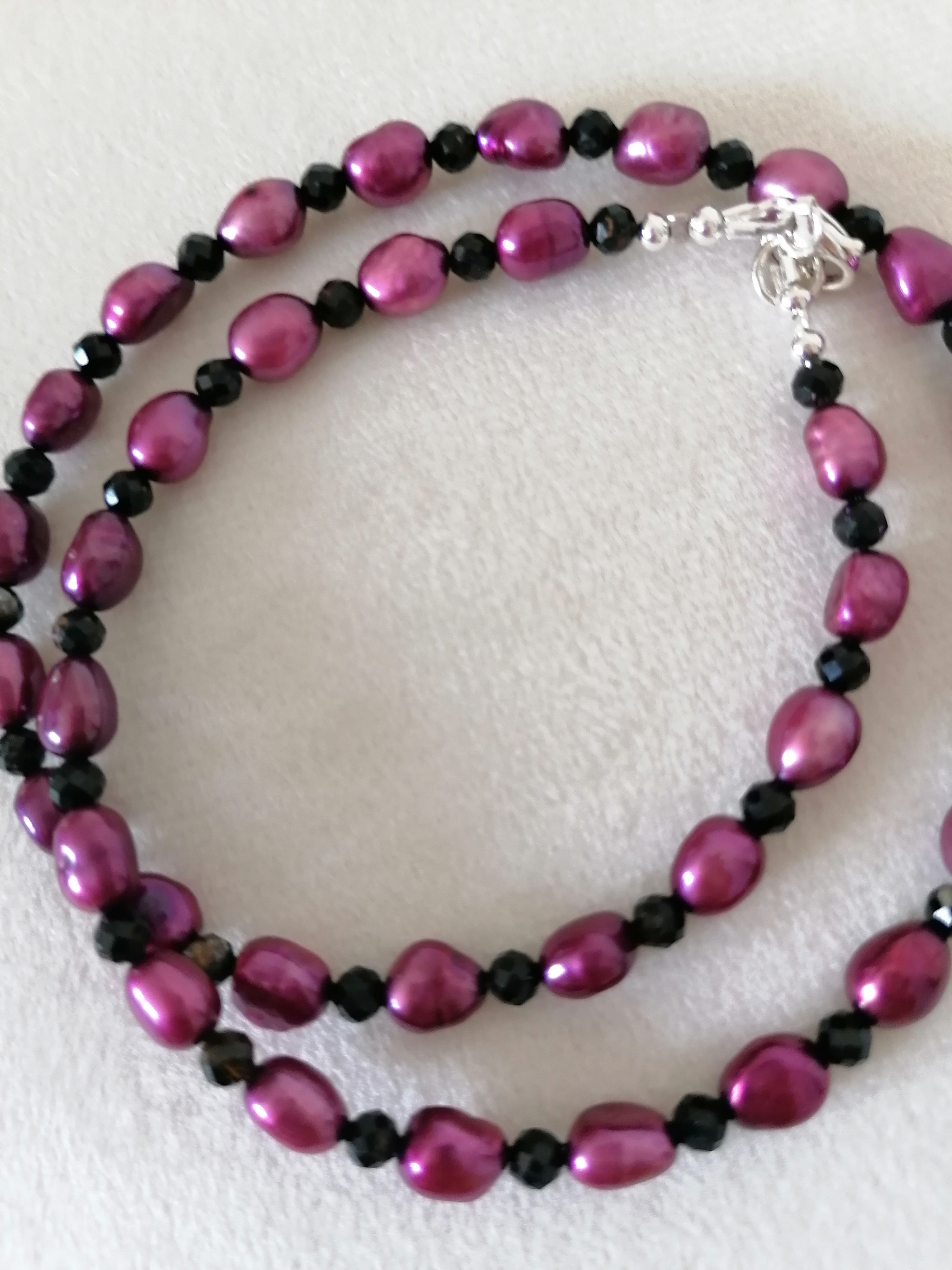 Plum Baroque Pearl & Black Tourmaline Necklace | 925 Sterling Silver