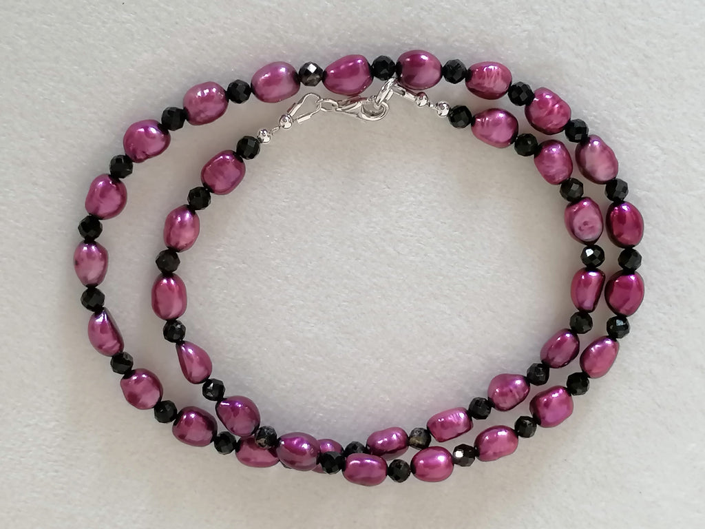 Plum Baroque Pearl & Black Tourmaline Necklace | 925 Sterling Silver