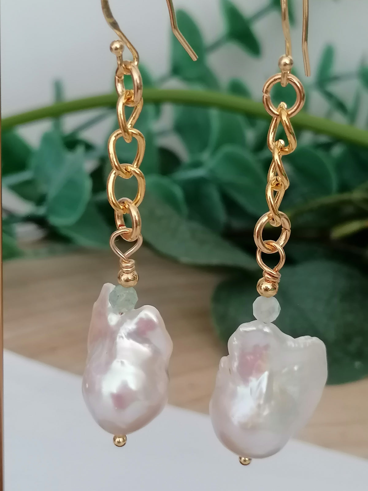 Baroque Flameball Pearl & Aquamarine Chain Drop Earrings | 24ct Gold Vermeil