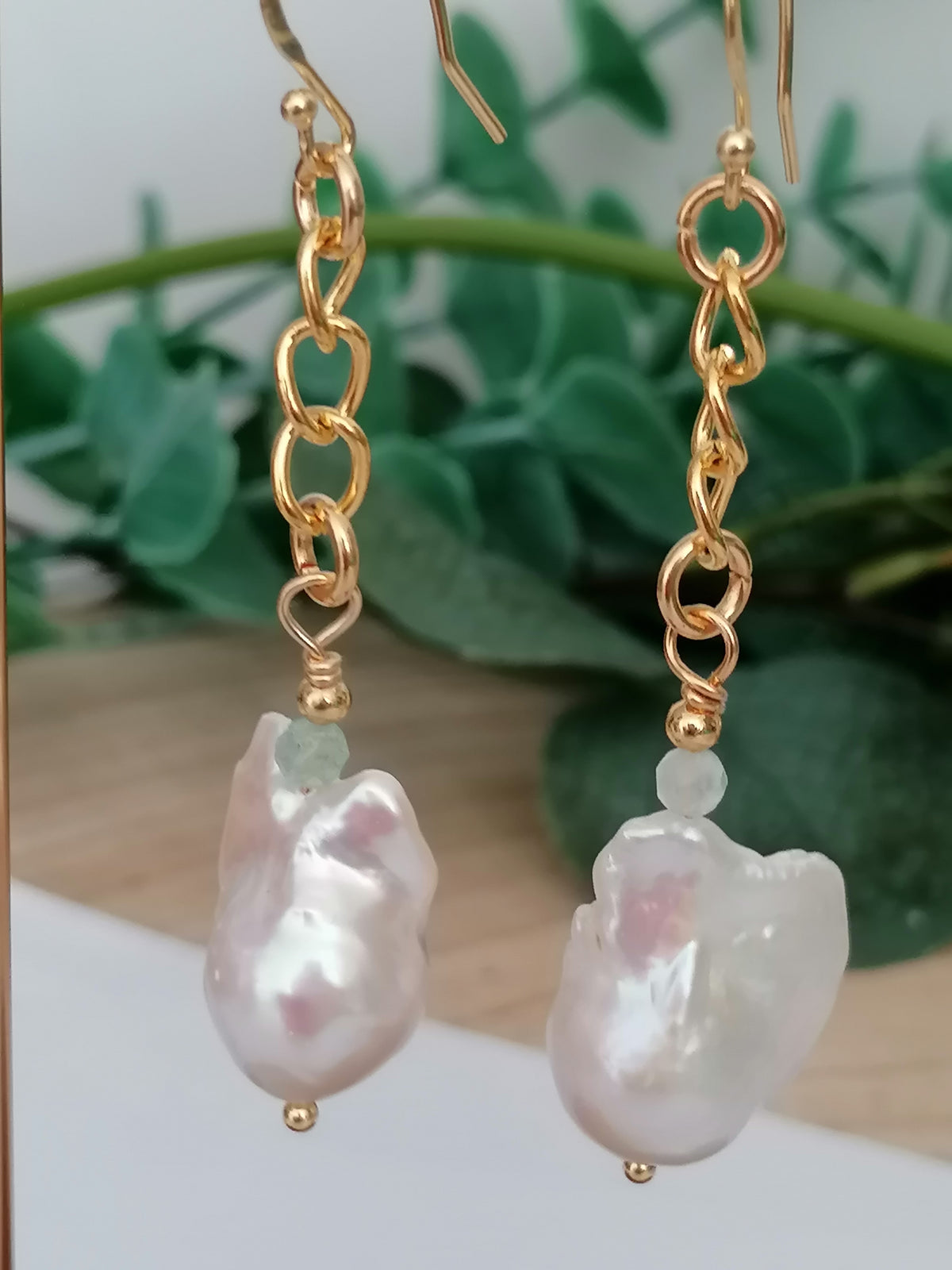 Baroque Flameball Pearl & Aquamarine Chain Drop Earrings | 24ct Gold Vermeil