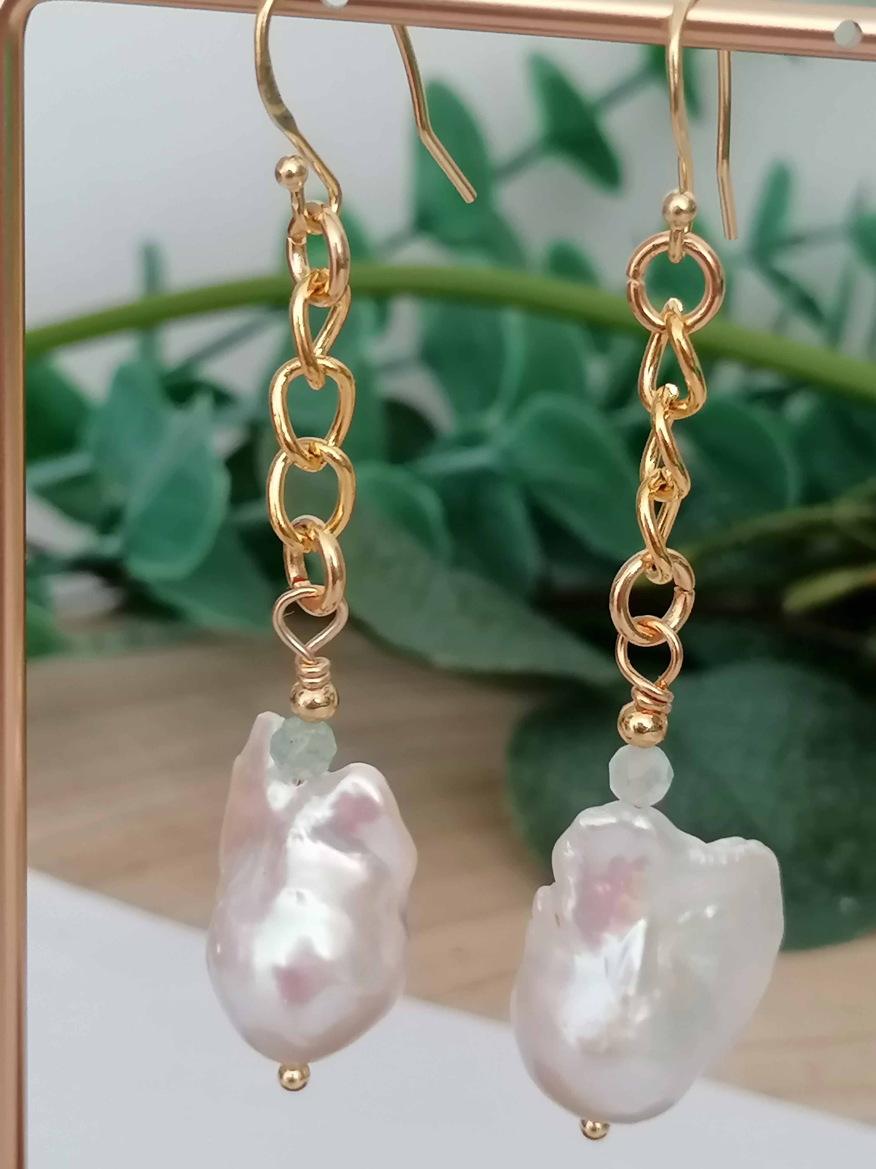 Baroque Flameball Pearl & Aquamarine Chain Drop Earrings | 24ct Gold Vermeil
