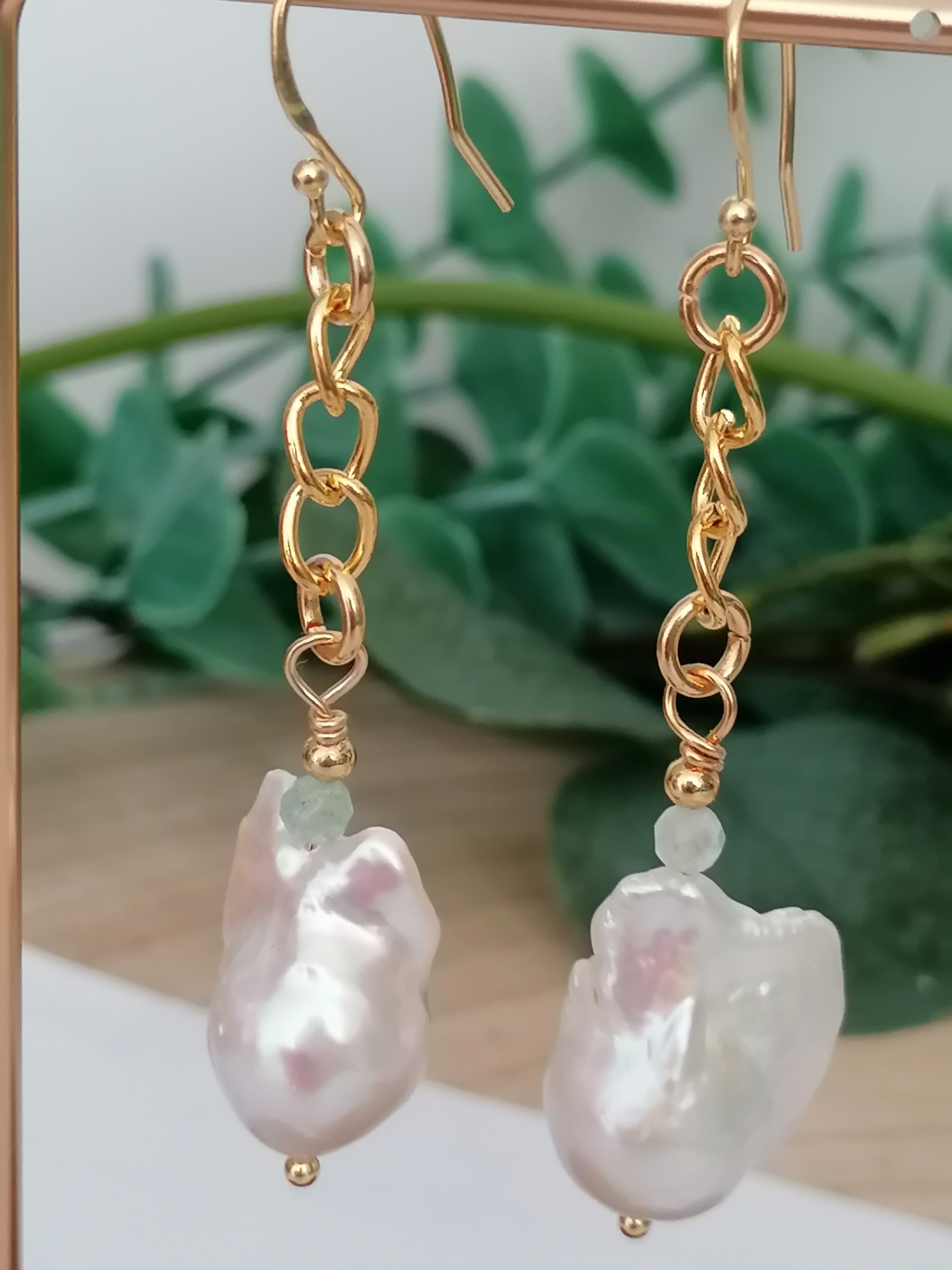 Baroque Flameball Pearl & Aquamarine Chain Drop Earrings | 24ct Gold Vermeil