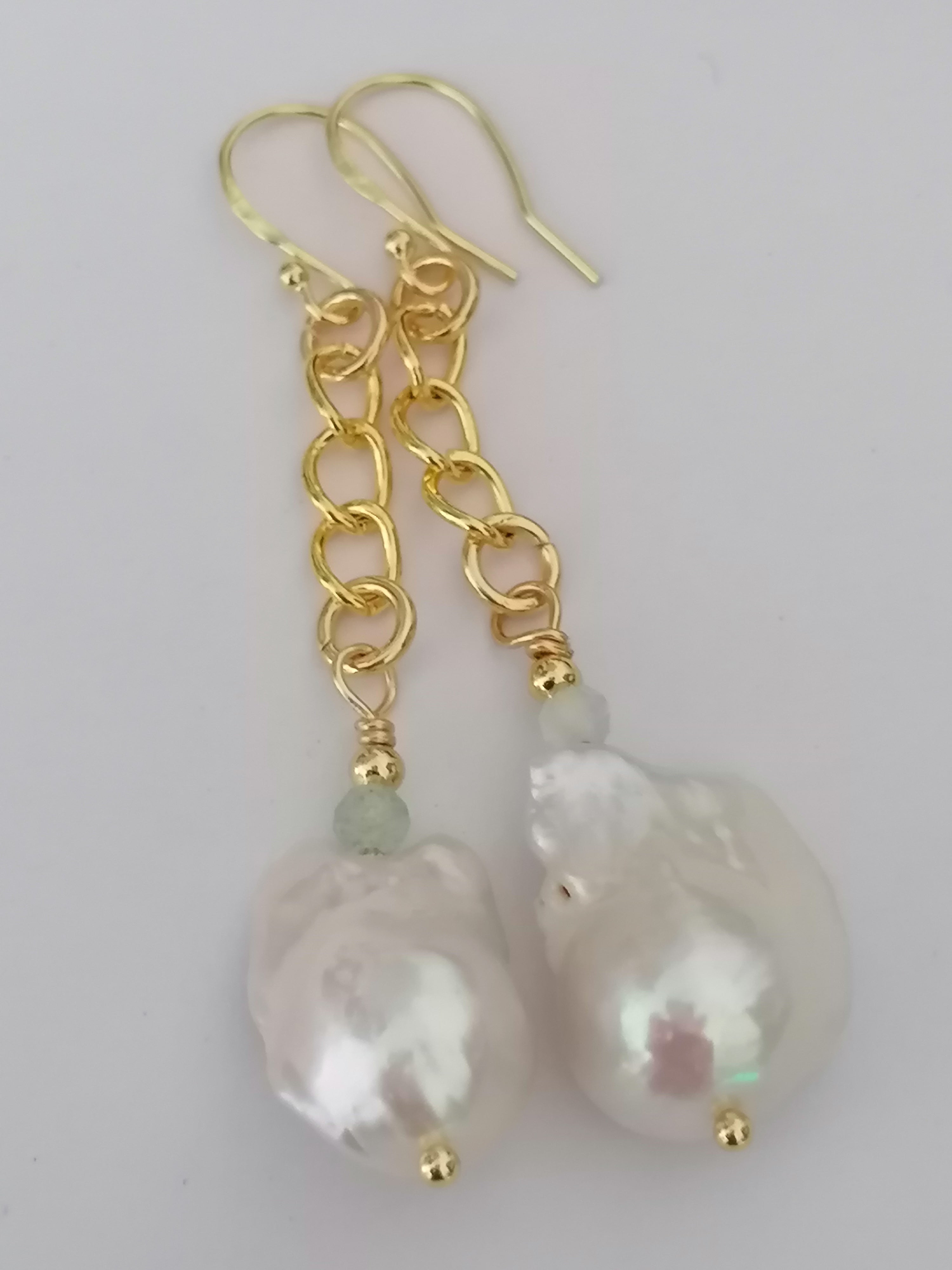 Baroque Flameball Pearl & Aquamarine Chain Drop Earrings | 24ct Gold Vermeil