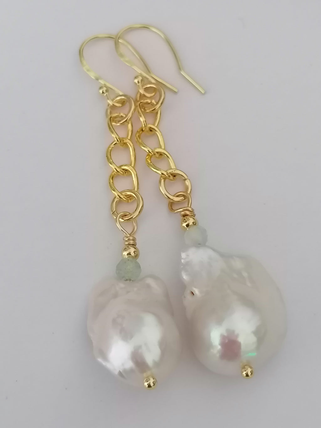 Baroque Flameball Pearl & Aquamarine Chain Drop Earrings | 24ct Gold Vermeil