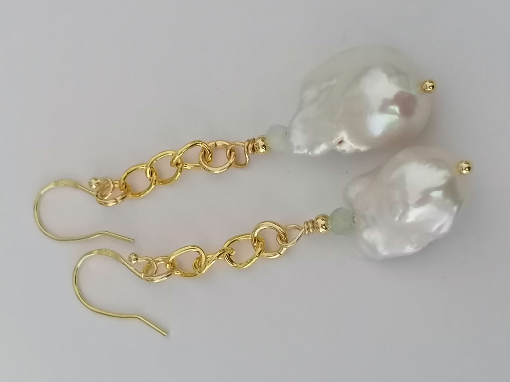 Baroque Flameball Pearl & Aquamarine Chain Drop Earrings | 24ct Gold Vermeil