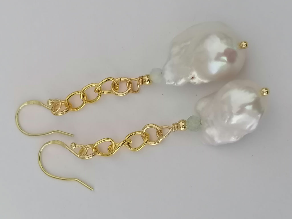 Baroque Flameball Pearl & Aquamarine Chain Drop Earrings | 24ct Gold Vermeil