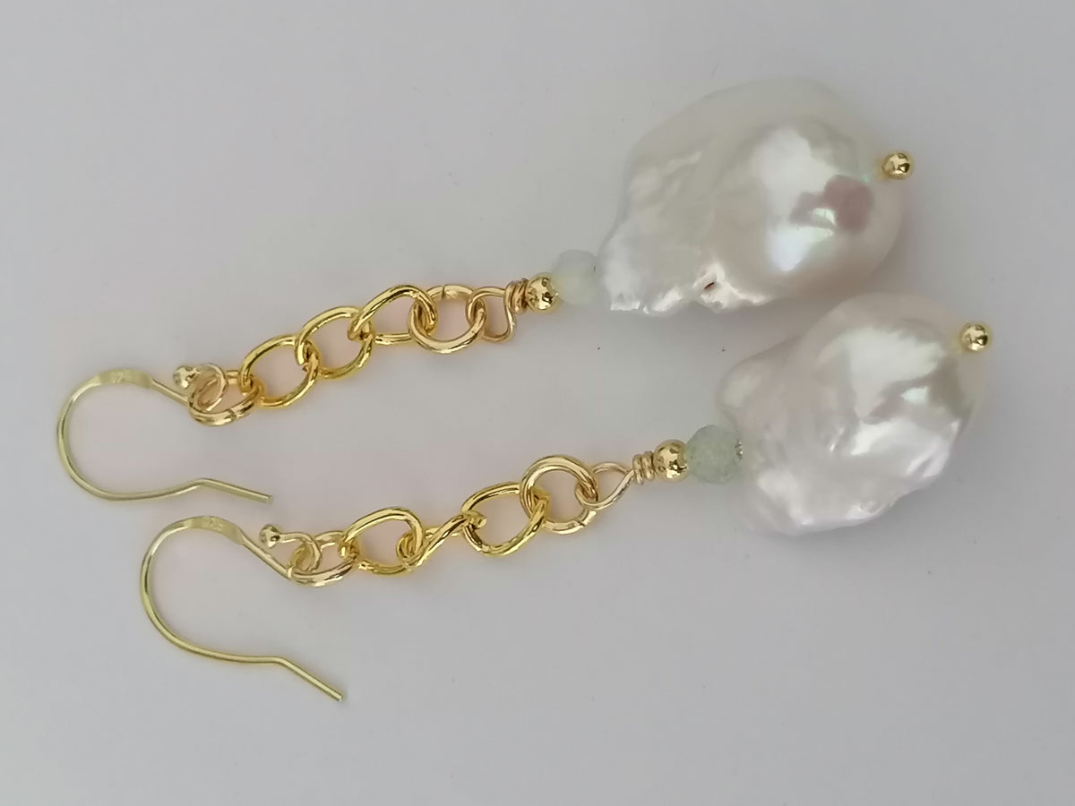 Baroque Flameball Pearl & Aquamarine Chain Drop Earrings | 24ct Gold Vermeil