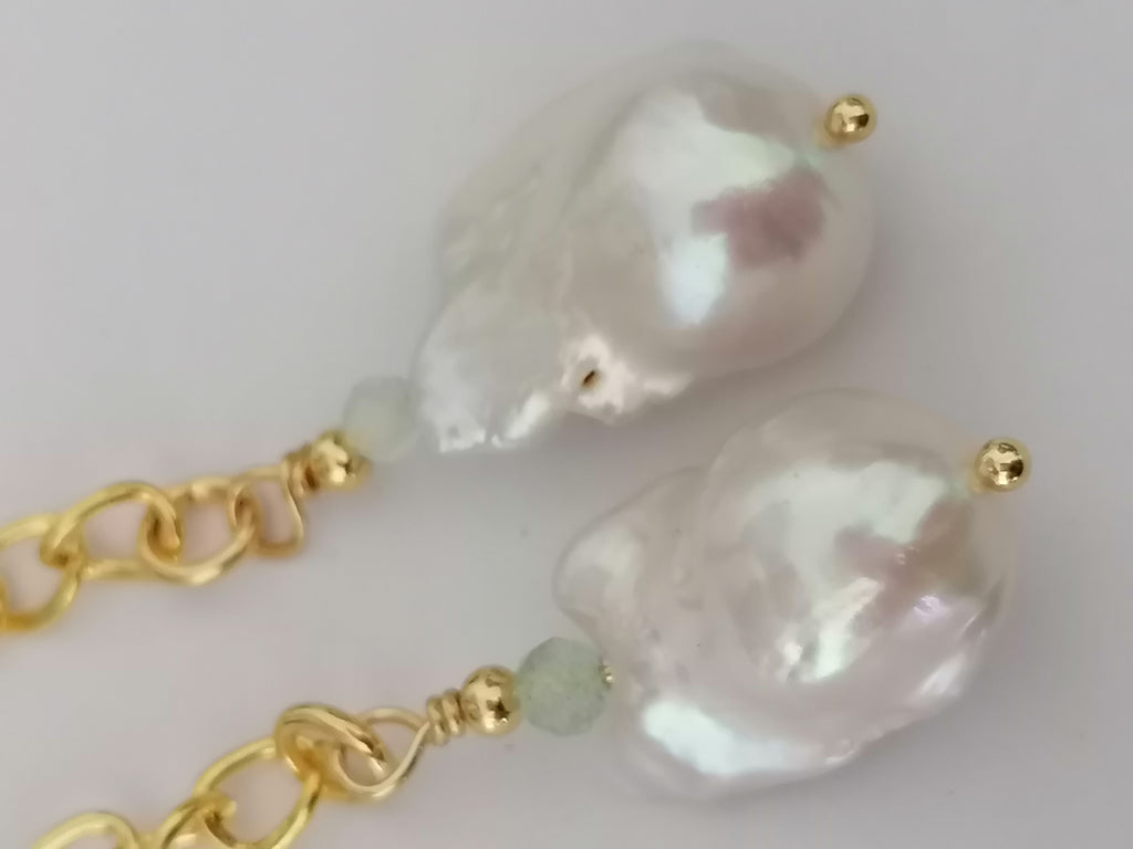 Baroque Flameball Pearl & Aquamarine Chain Drop Earrings | 24ct Gold Vermeil