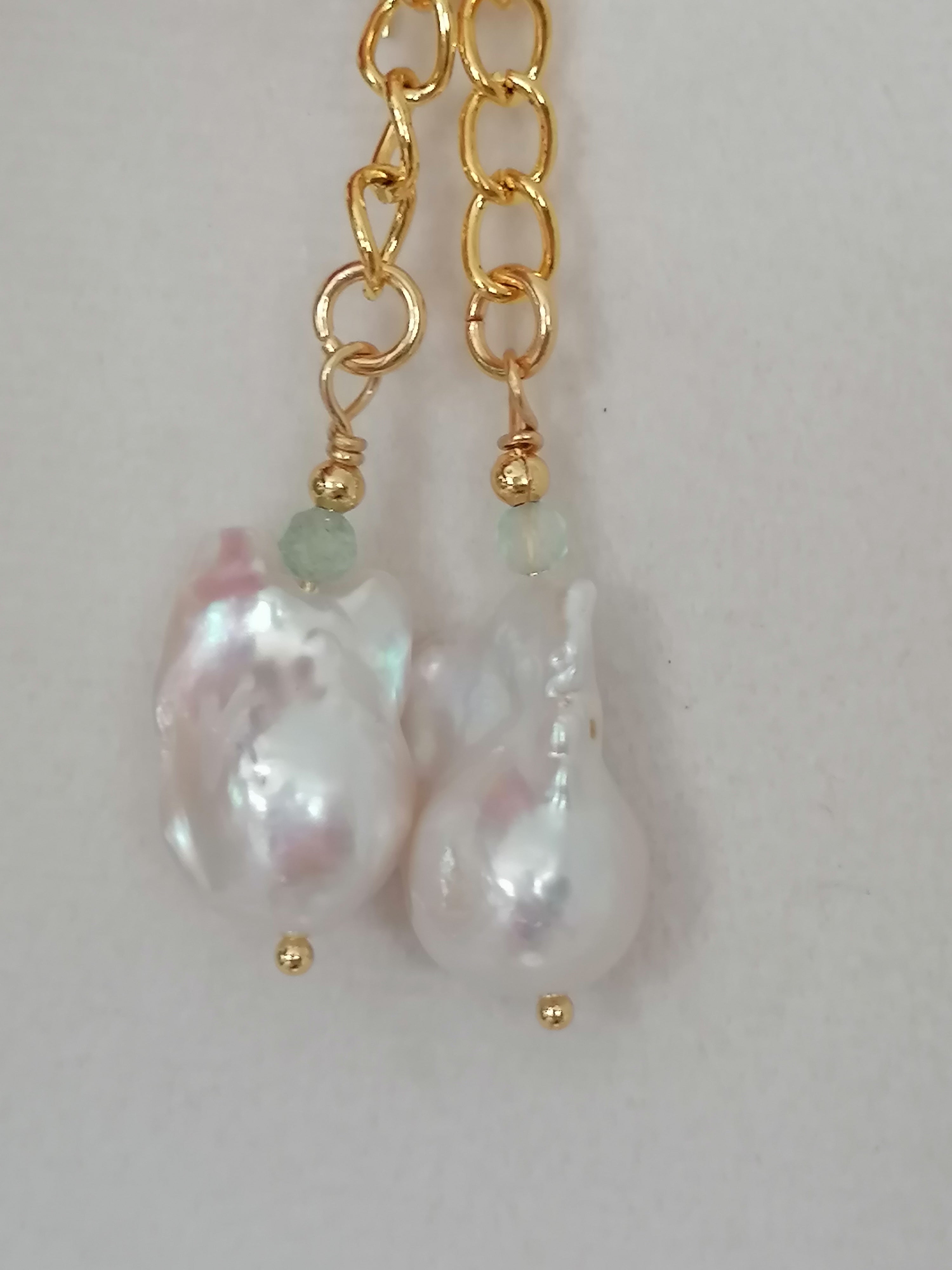 Baroque Flameball Pearl & Aquamarine Chain Drop Earrings | 24ct Gold Vermeil