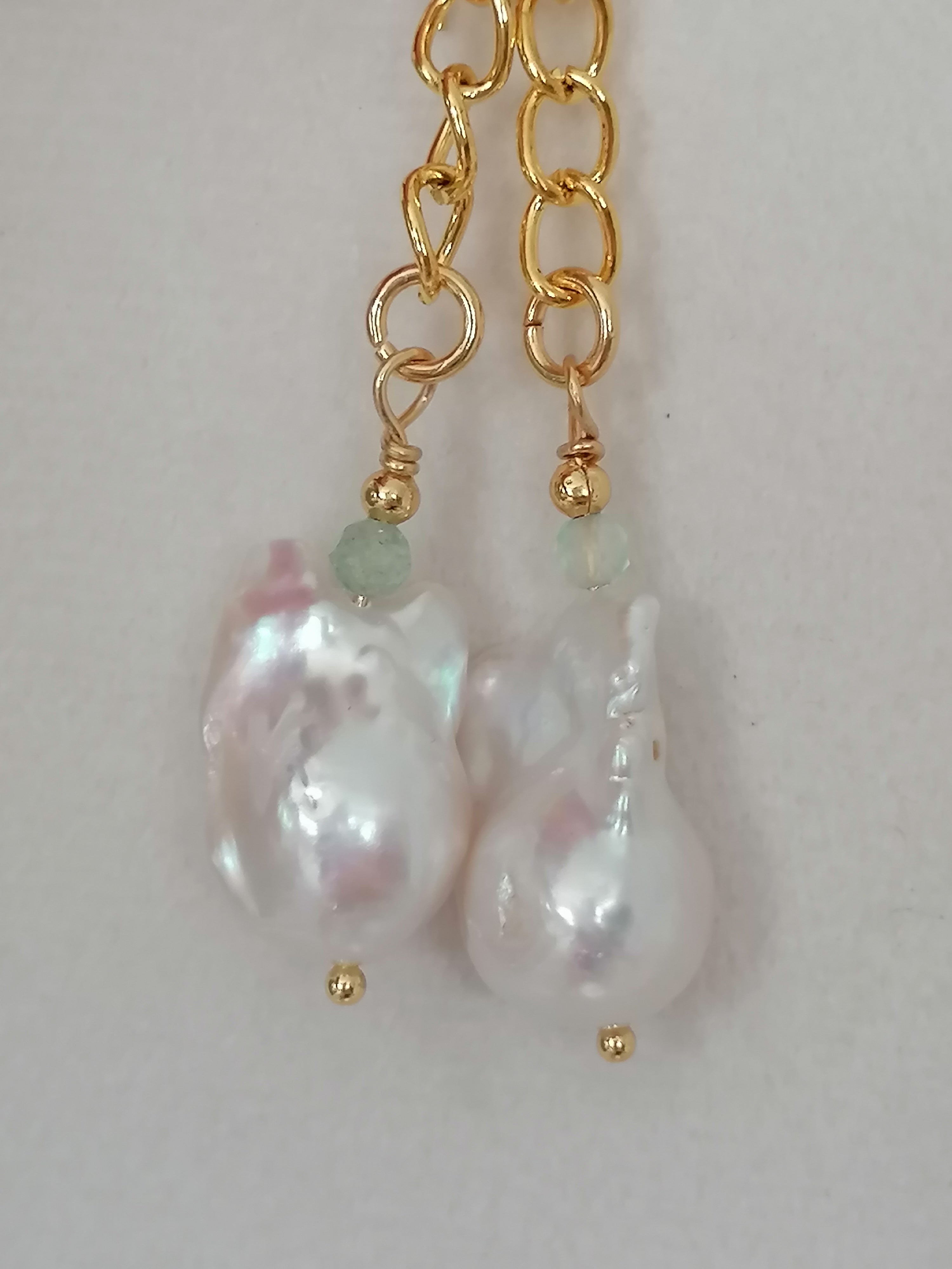 Baroque Flameball Pearl & Aquamarine Chain Drop Earrings | 24ct Gold Vermeil