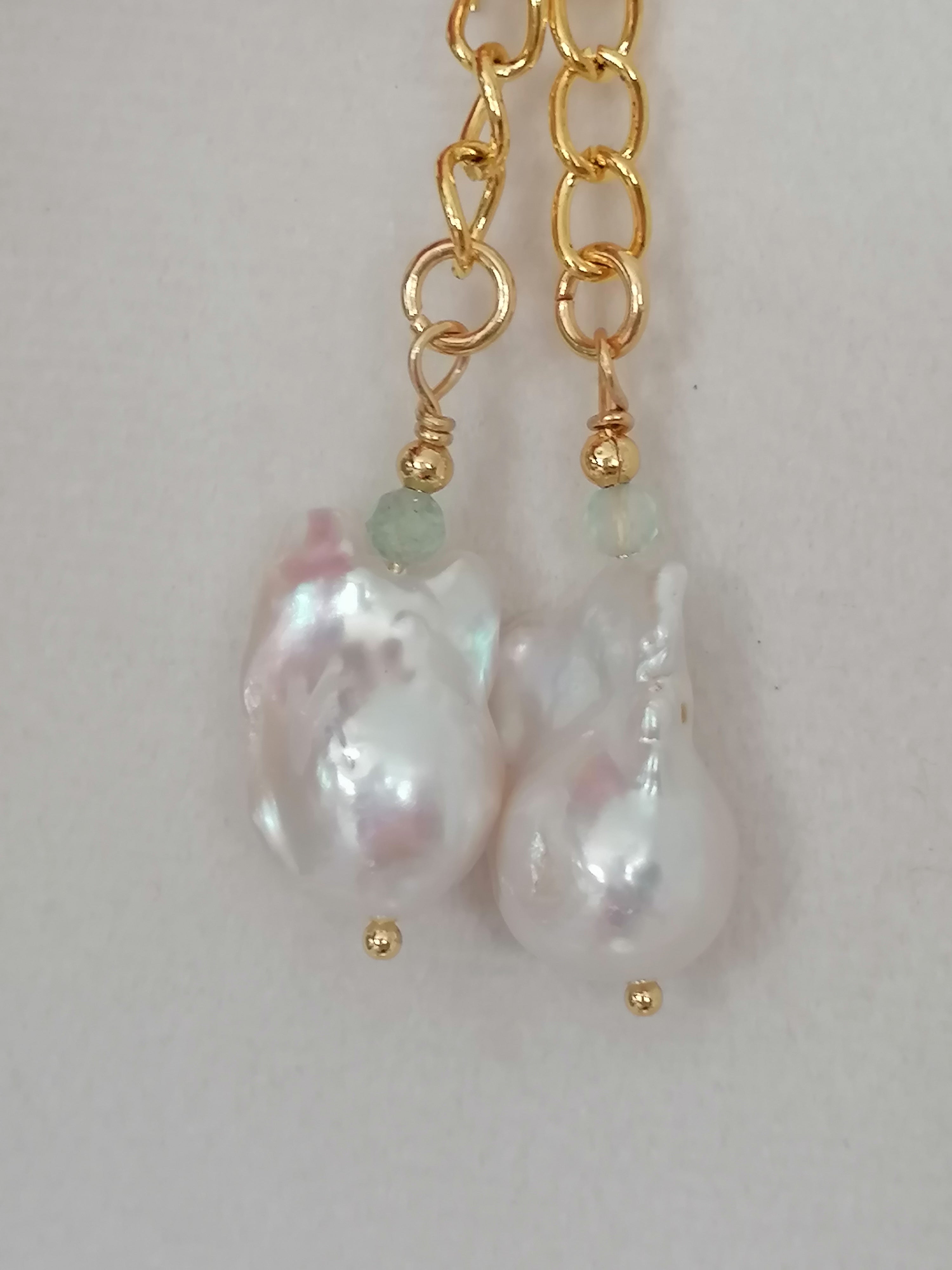 Baroque Flameball Pearl & Aquamarine Chain Drop Earrings | 24ct Gold Vermeil